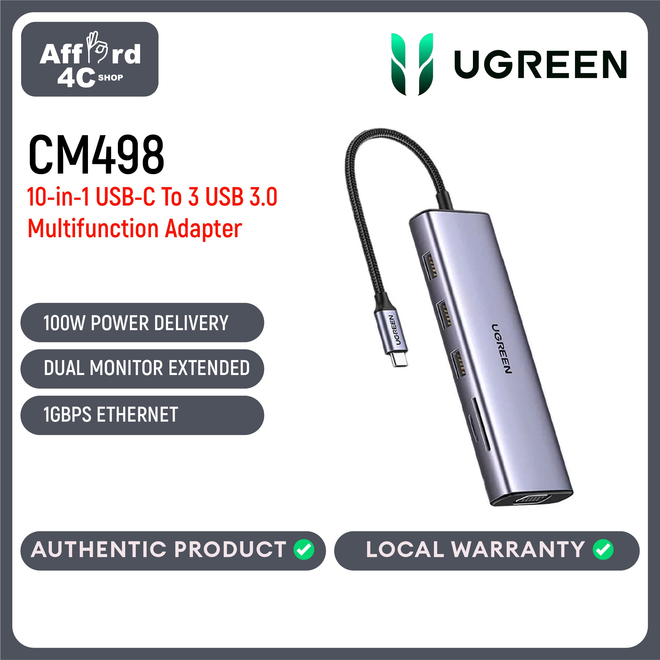 Ugreen CM498 15601 10in1 USB-C To 3USB 3.0 A+HDMI+VGA+RJ45 Gigabit+SD/TF+AUX3.5m