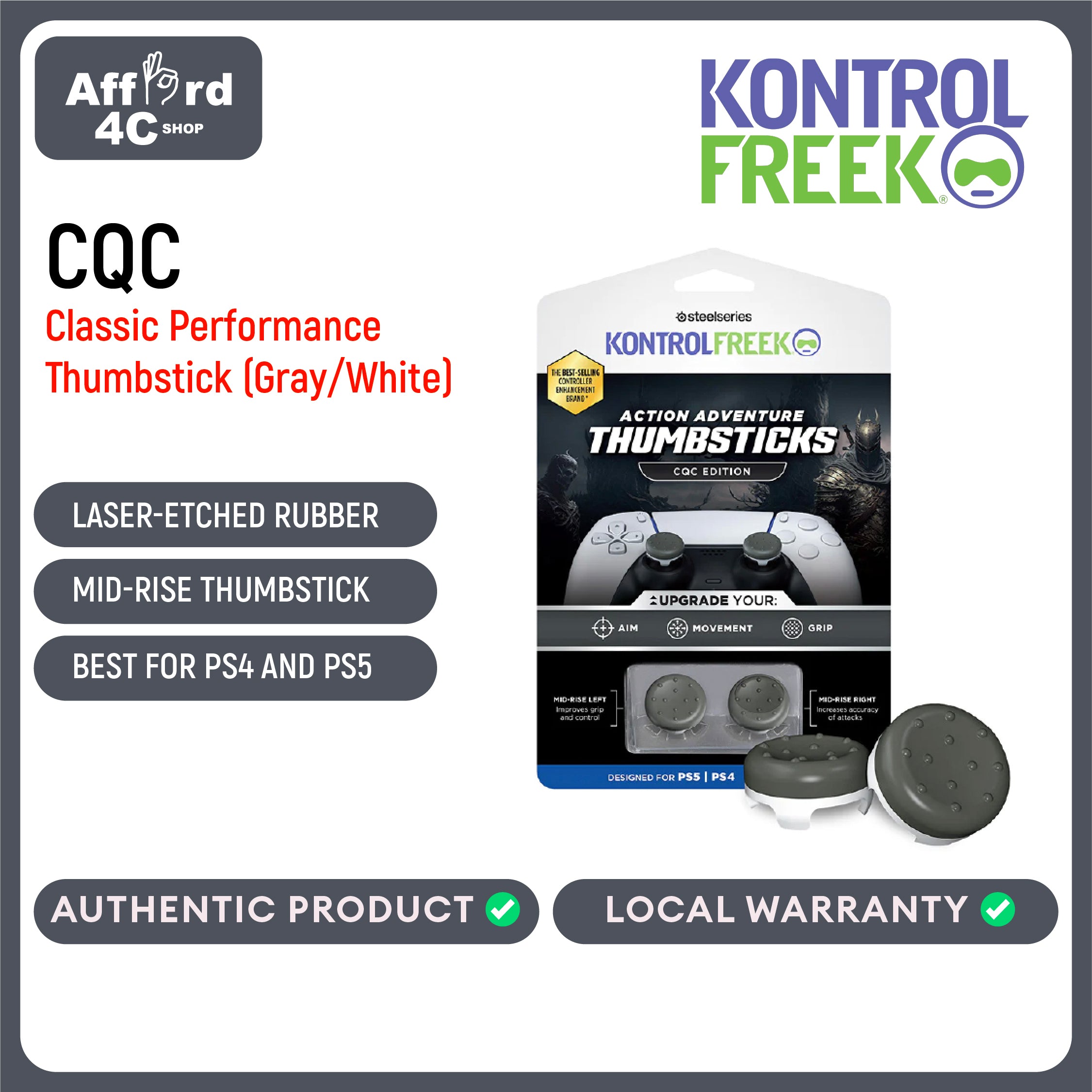 KontrolFreek CQC Classic Performance Thumbstick for Playstation PS4 and PS5 Gray/White