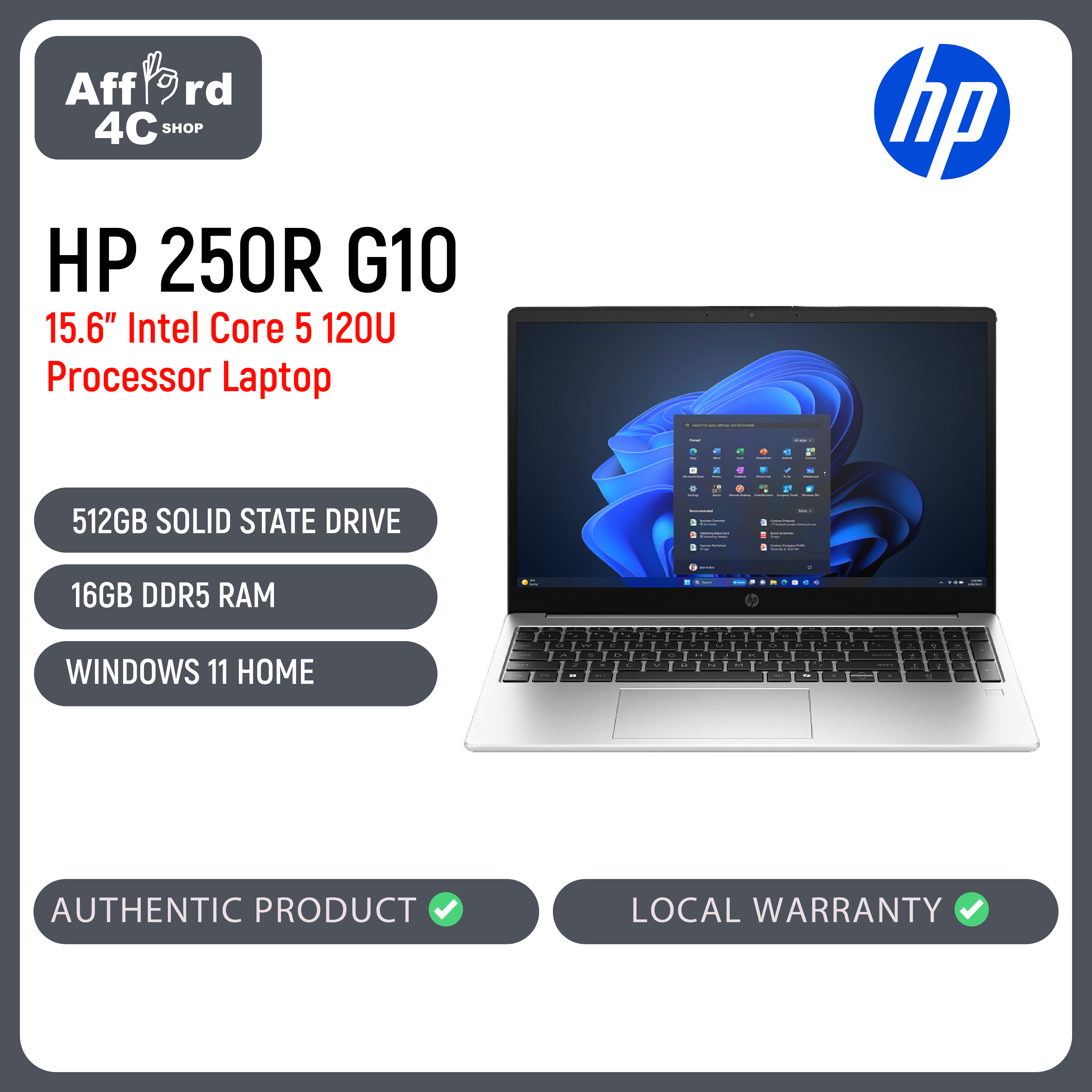 HP 250R G10 15.6"", Core 5 120U, 16GB, 512SSD, 1.1.0, Win Home, MS Office Home 2024 + 1YR M365 Basic (D60F4PT)