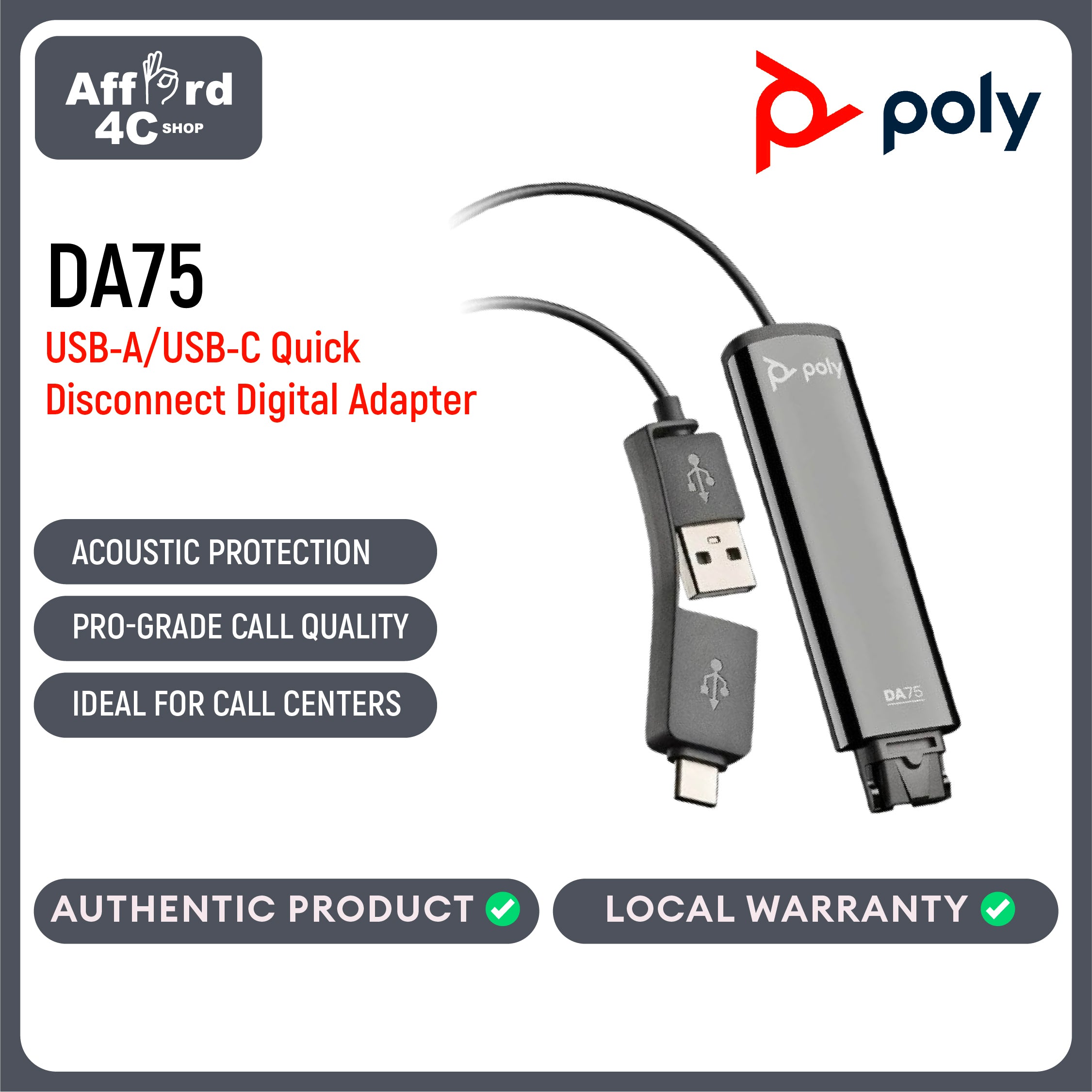 Poly DA75 USB-A/USB-C Quick Disconnect (QD) digital adapter (Plantronics)