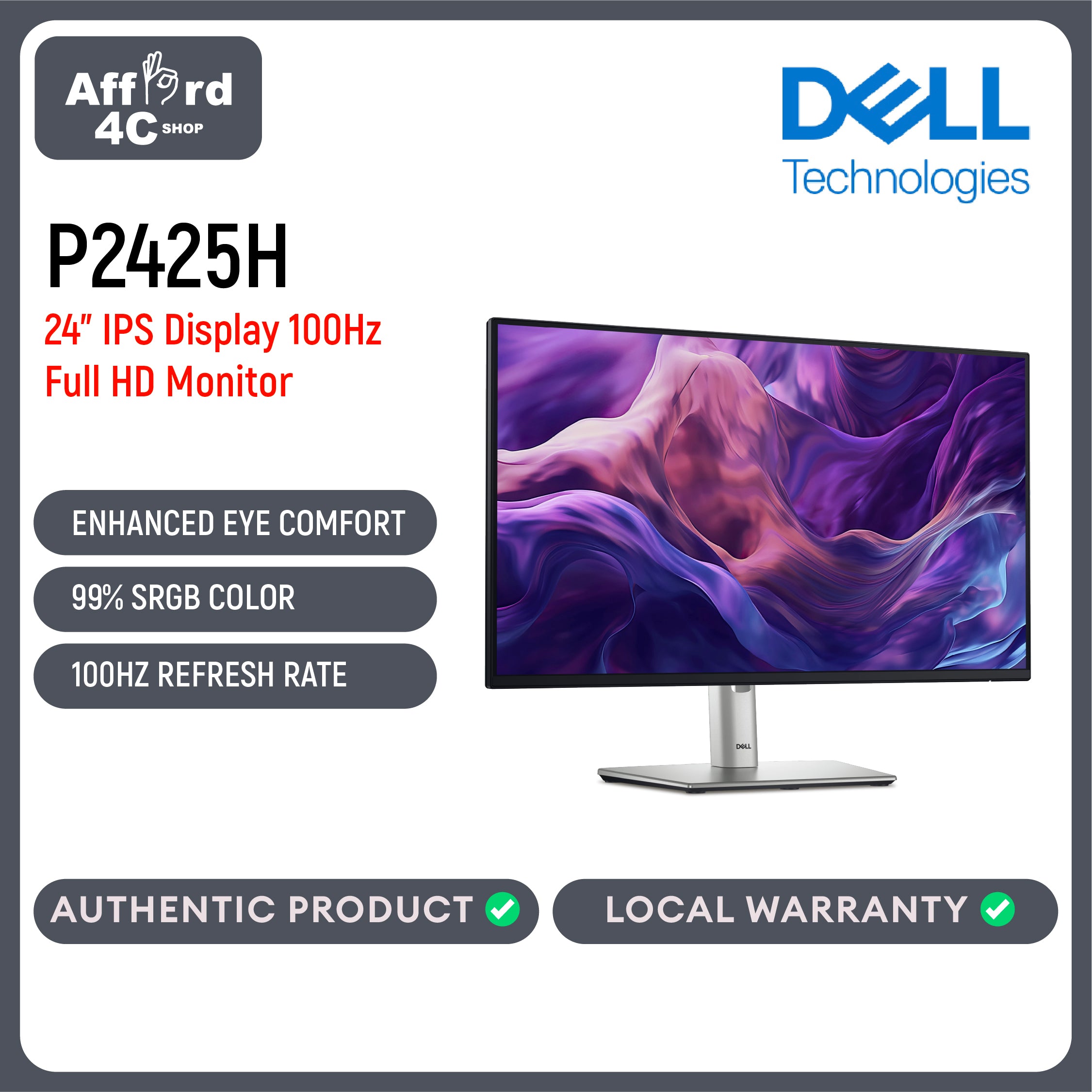 Dell P2425H Computer Monitor Screen 24" 16:9 IPS Display 100Hz Full HD With Stand