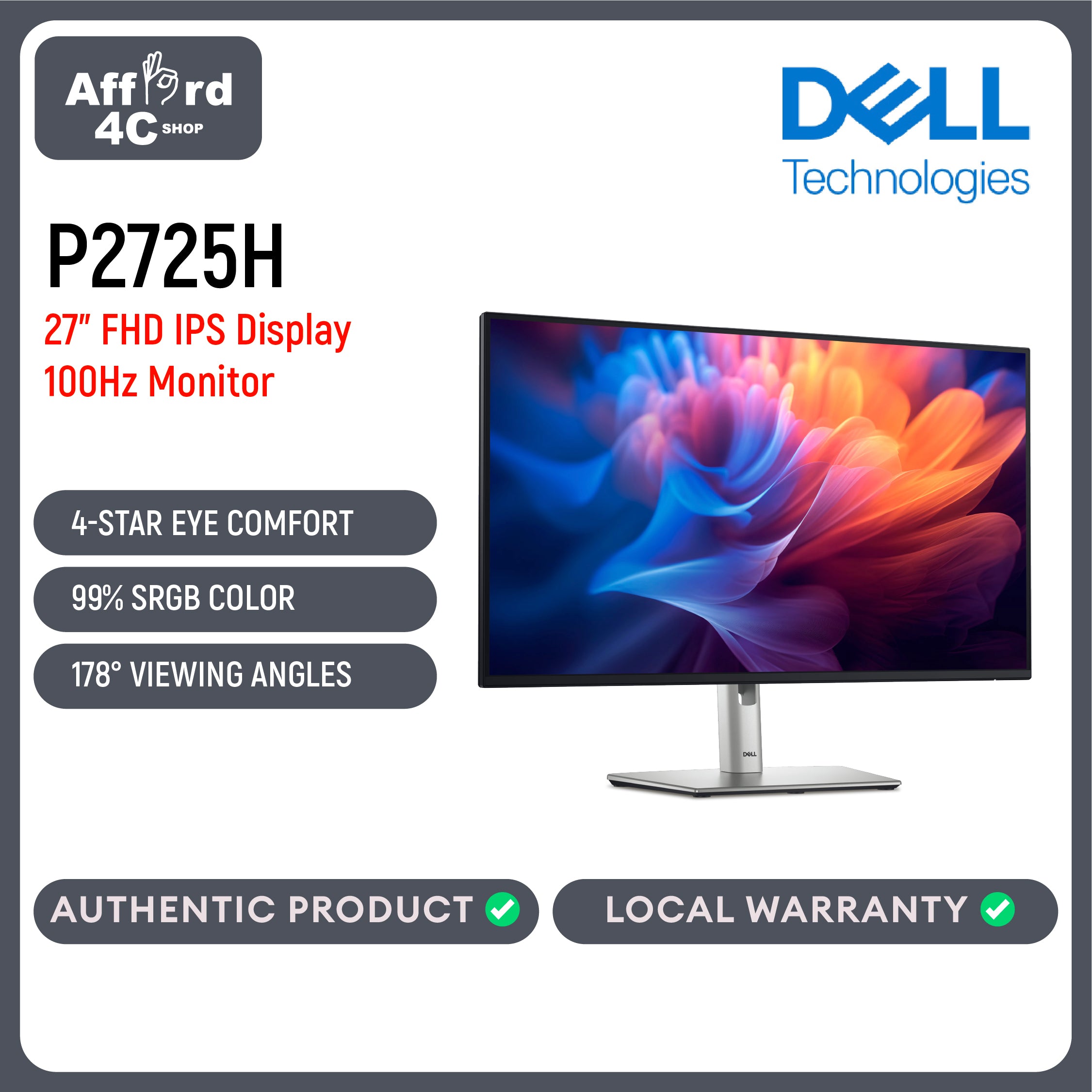 Dell P2725H Computer Monitor Screen 27" FHD IPS DisplayPort HDMI 100Hz Refresh Rate