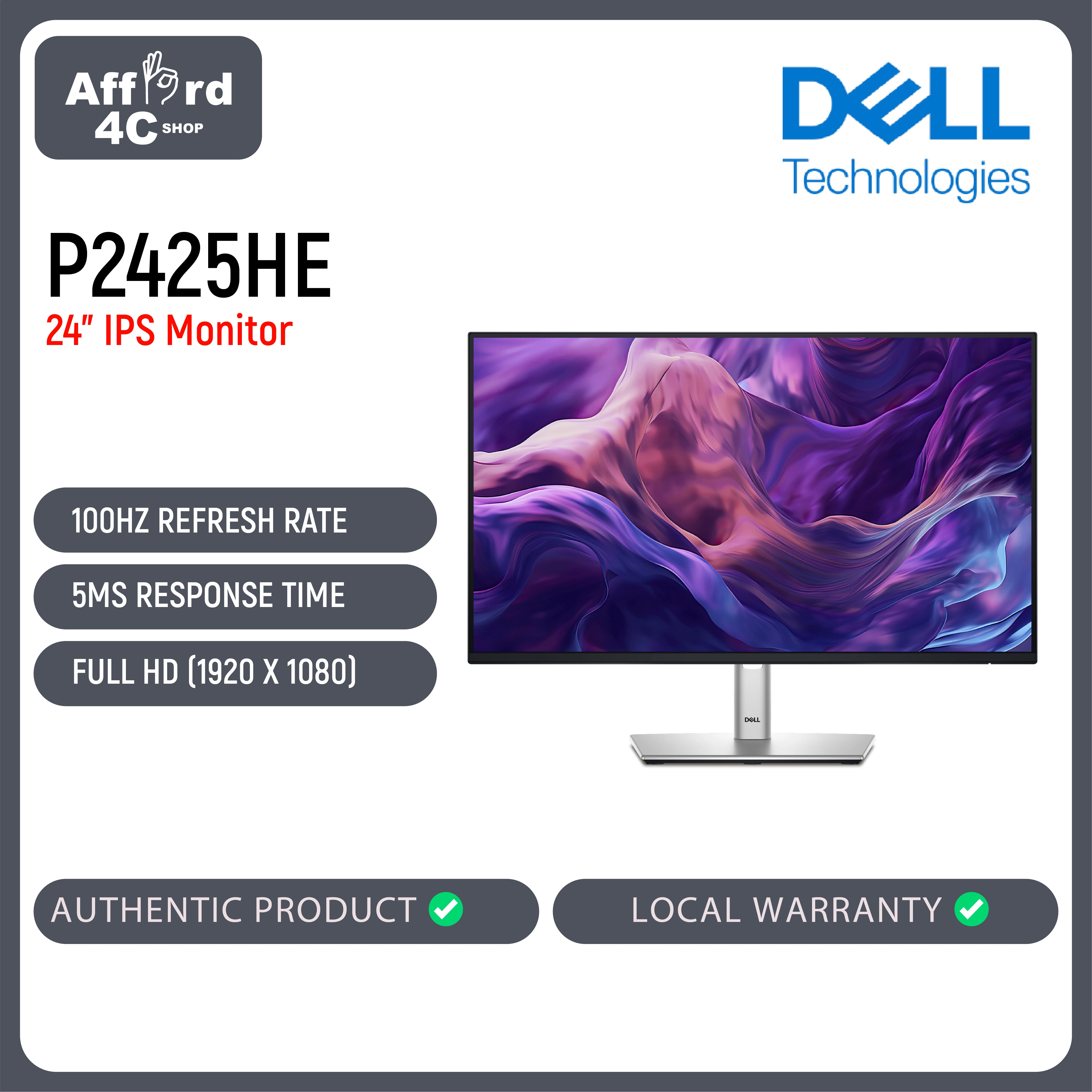 Dell P2425HE 24 Inch IPS Monitor FHD 100Hz USB-C Hub 90W Type-C RJ45 LAN Office Monitor