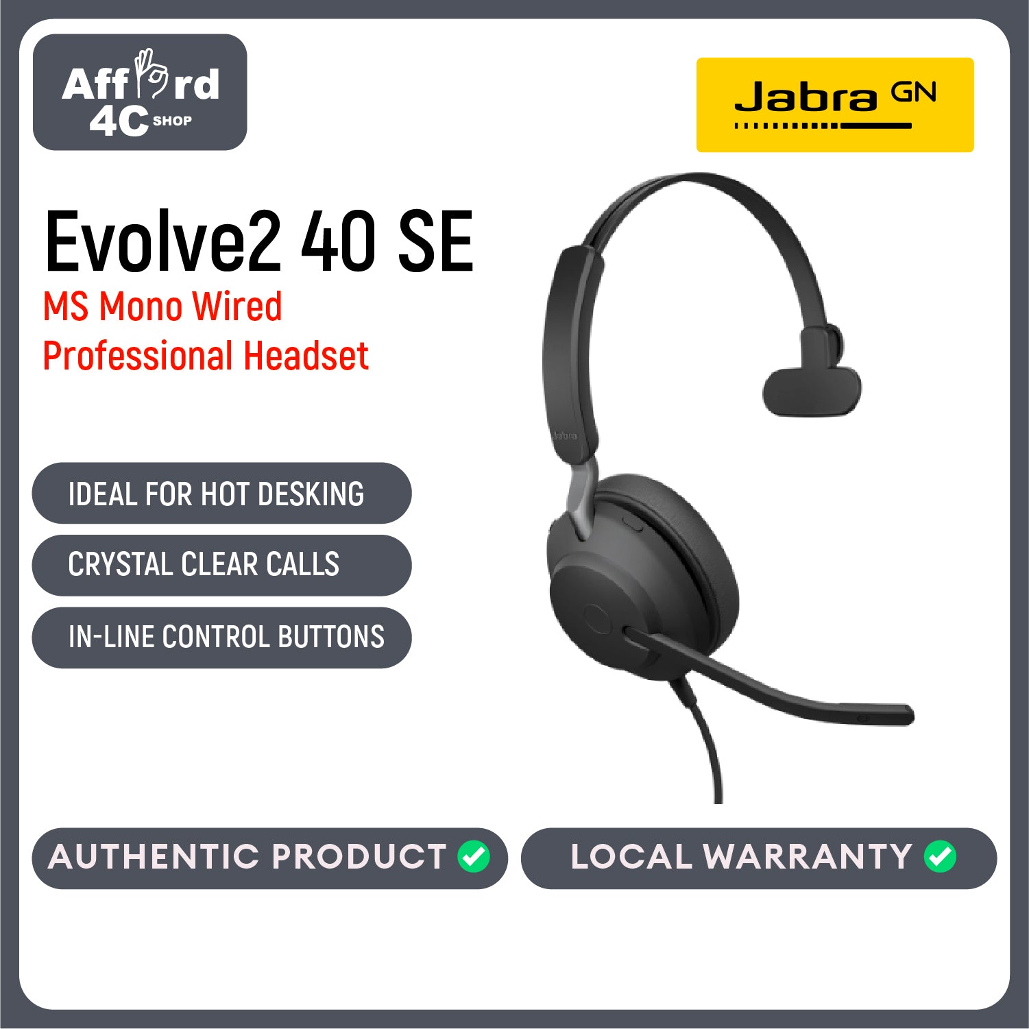 Jabra Evolve2 40 SE MS USB-C or USB-C/A Wired Mono Noise-Cancelling Headset - Features 3-Mic Call Technology