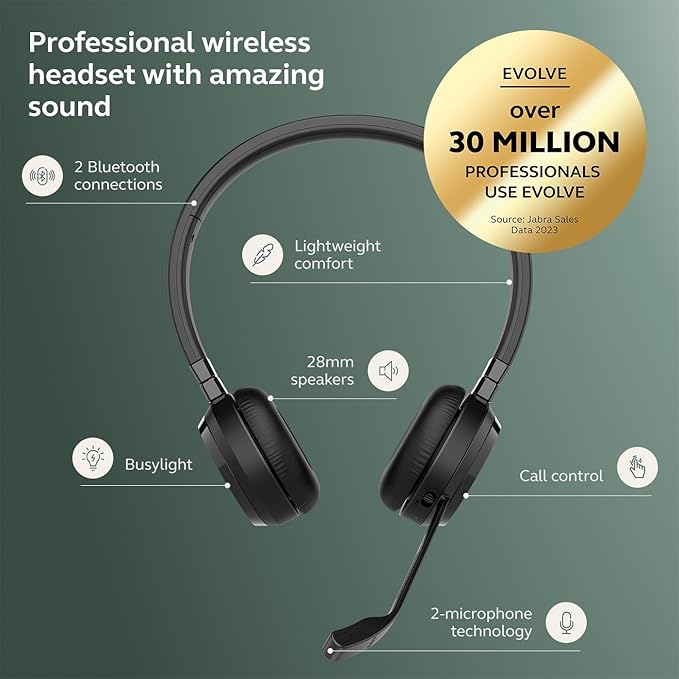 Jabra Evolve 65 TE Wireless Dual-Ear Headphones - Noise-Canceling Mic, 16 hrs Battery Life, Dual Connectivity, Black