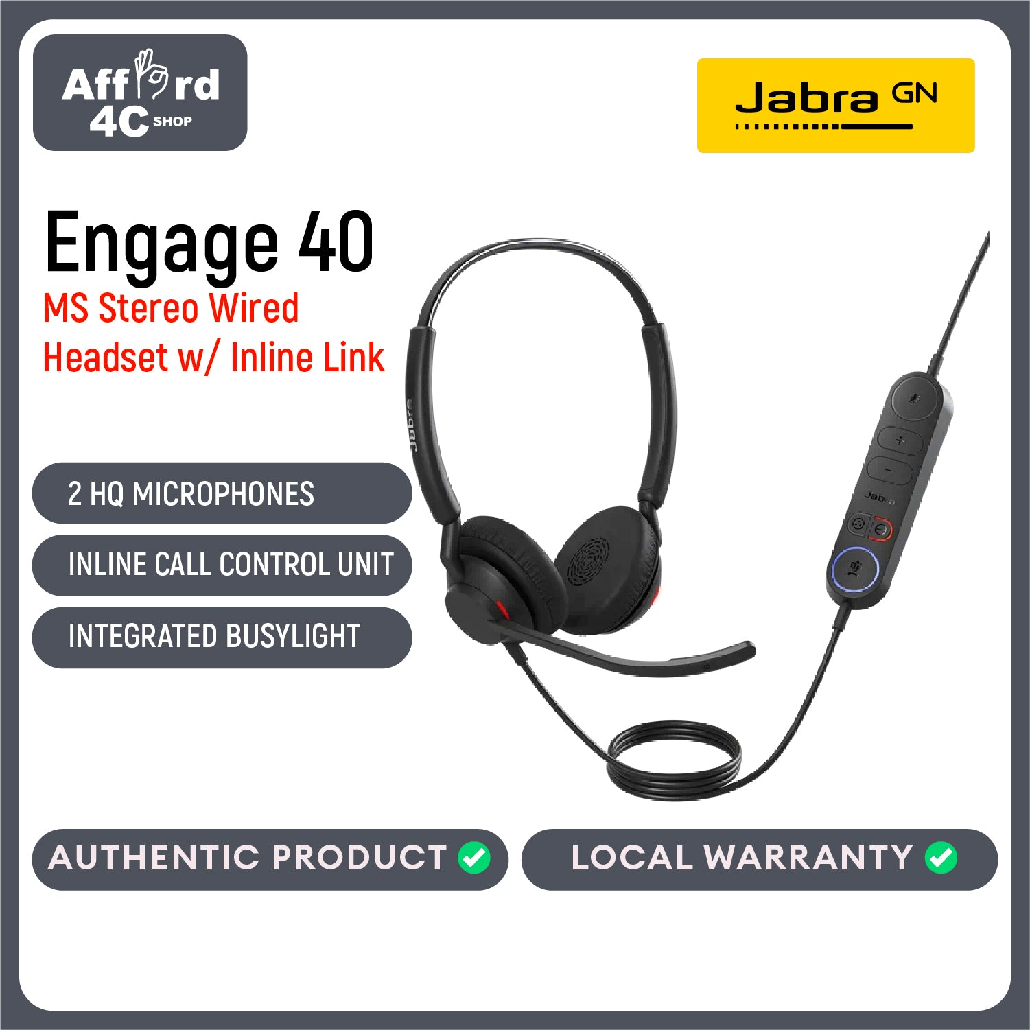 Jabra Engage 40 Stereo MS USB-A or USB-C/A With Inline Link, Wired USB Headset