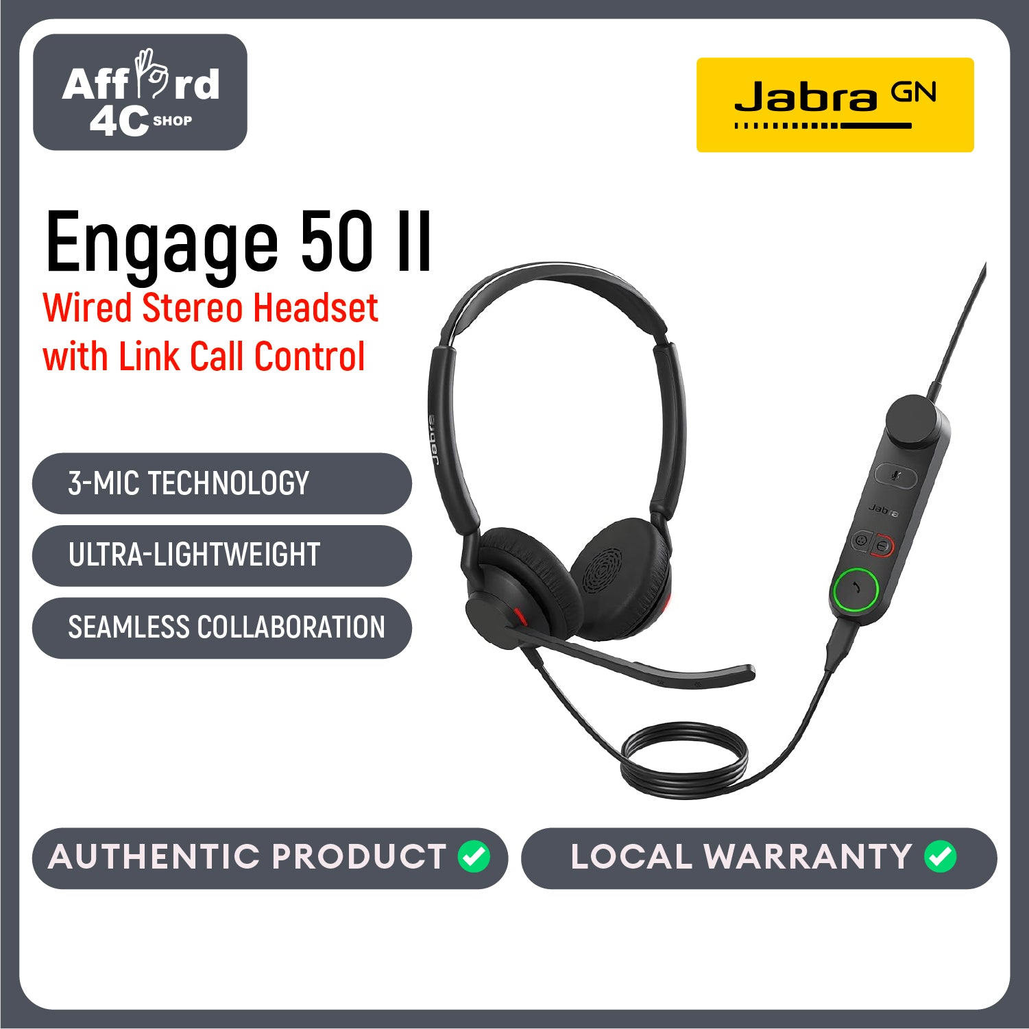 Jabra Engage 50 II Wired Stereo Headset - Noise-Cancelling 3-Mic Technology, USB-C Cable - Works with All Leading Unified Communications Platforms