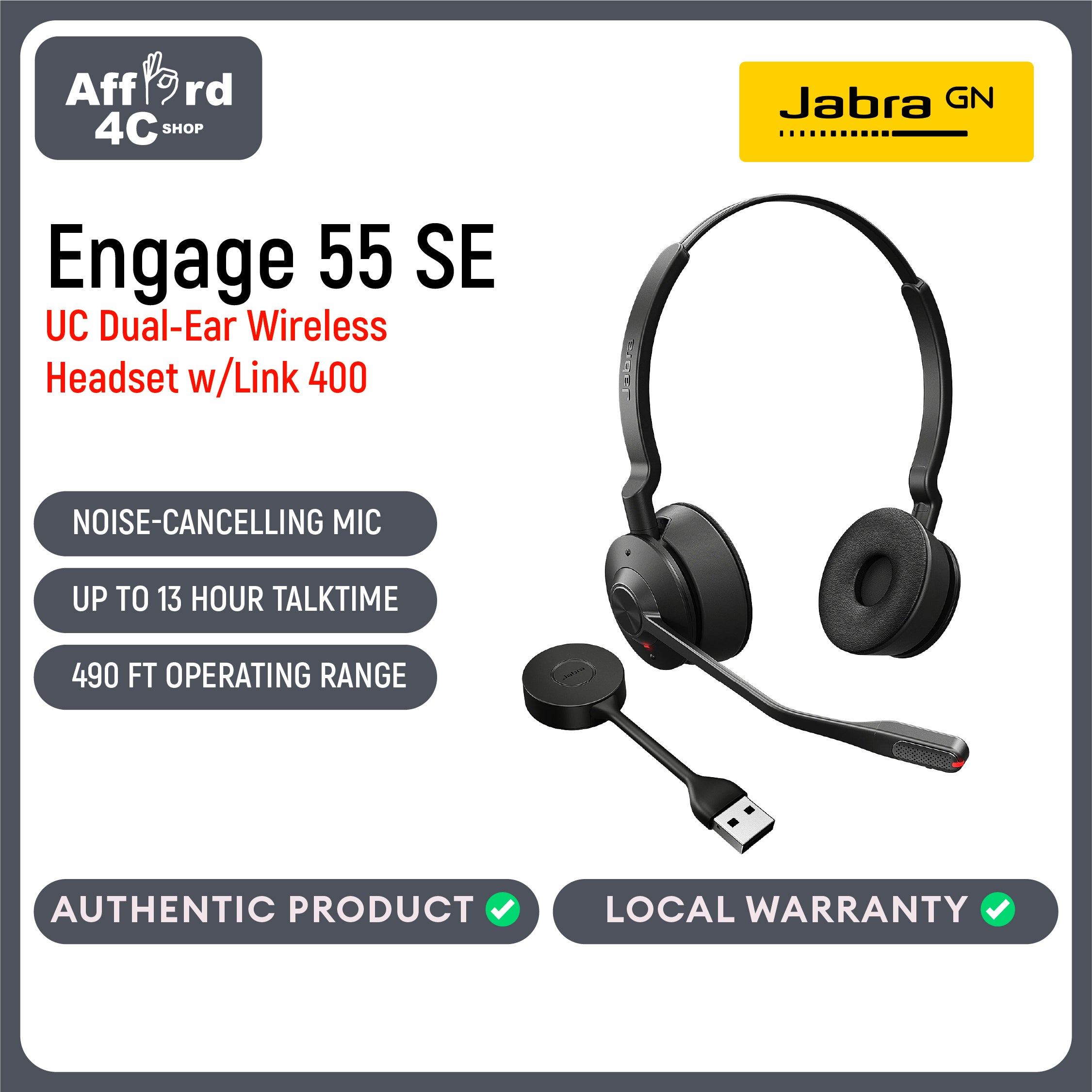Jabra Engage 55 SE Stereo Wireless Headset with Link 400 Noise-Cancelling Microphone, Extensive Range, Hearing Protection – Certified for Google Meet & Zoom – Black