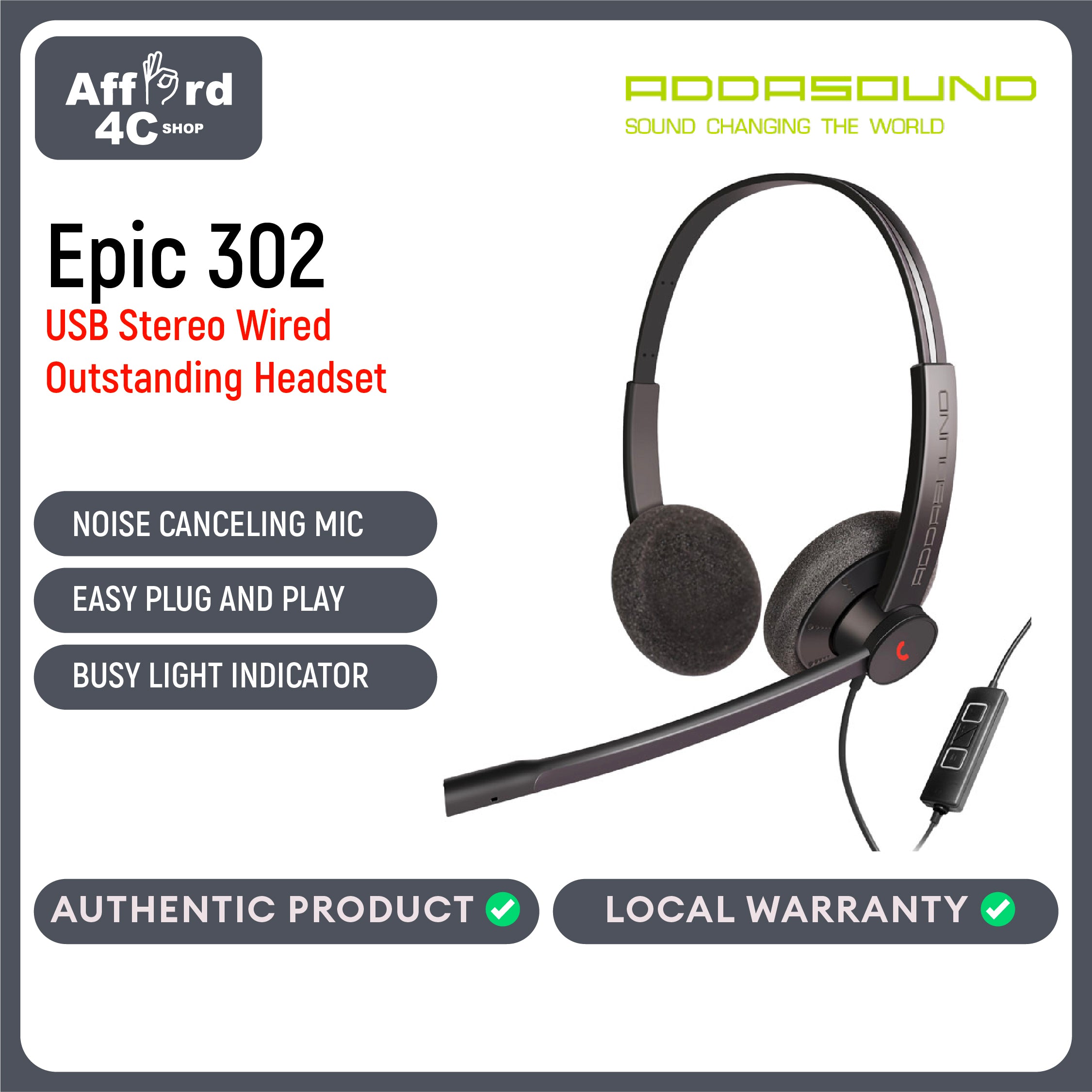 Addasound Epic 302 with Outstanding Noise Cancelling USB-A Stereo Headset For Home and Office