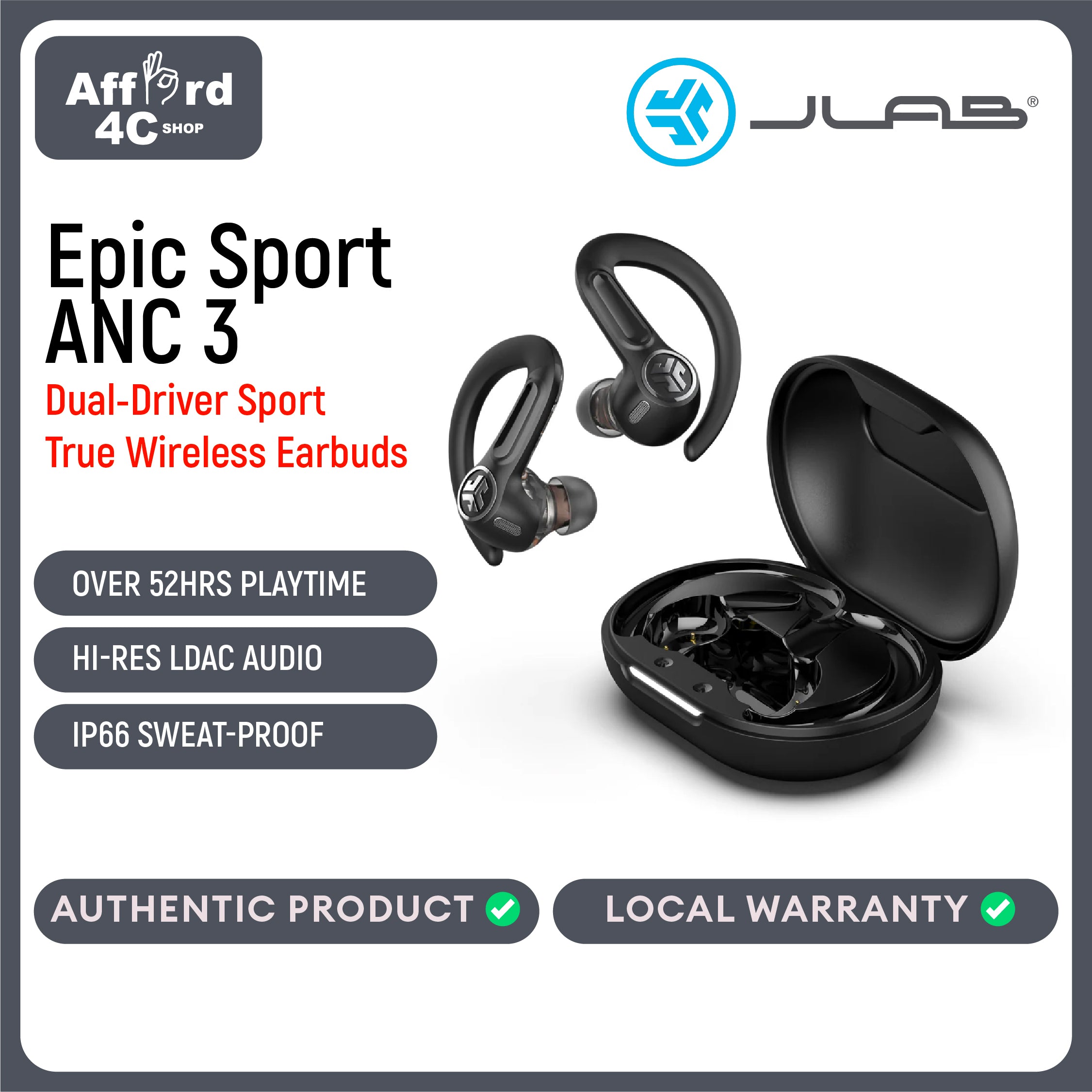 JLab Epic Sport ANC 3 True Wireless Bluetooth Earbuds for Active Workout, Hybrid Dual Drivers for Premium Sound, Hi-Res Audio, Spatial Audio, AAC, Sweatproof, 12+ Hours Playtime, Google Fast Pair