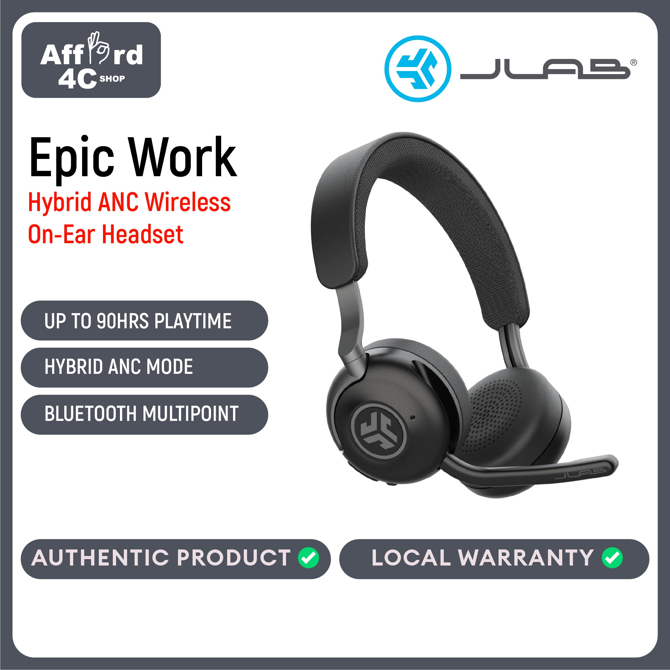 JLab Epic Work Wireless Headset with Microphone Smart Active Noise Cancellation Charging Hub 90+ Playtime Quick Mute Bluetooth Headphones Multipoint Connect PC Laptop Mobile