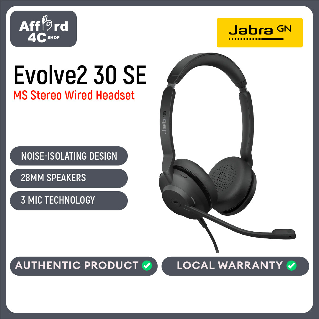 Jabra Evolve2 30 SE MS USB-C/A Stereo Wired Headsets Passive Noise Cancelling Headphones