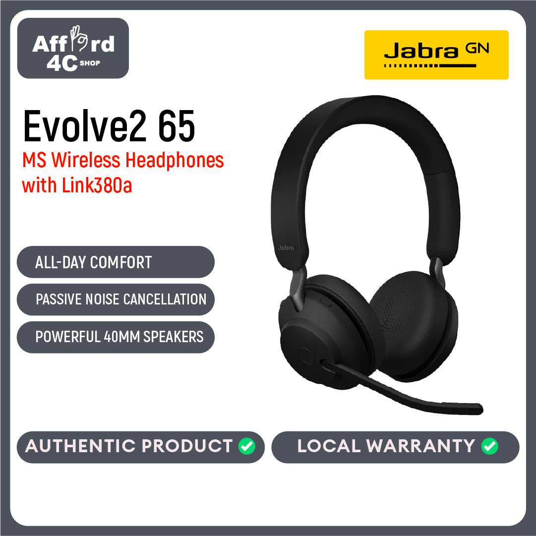 Jabra Evolve2 65 MS Stereo Headset With Link 380 USB-A Wireless Adapter (Black)