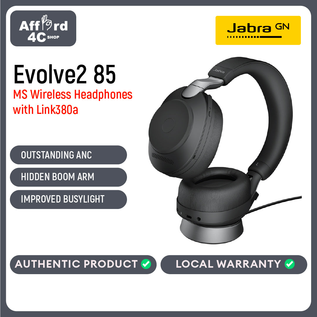 Jabra Evolve2 85 MS Stereo Active Noise Cancelling Headset With Link 380 USB-A Wireless Adapter And Charging Stand - Black