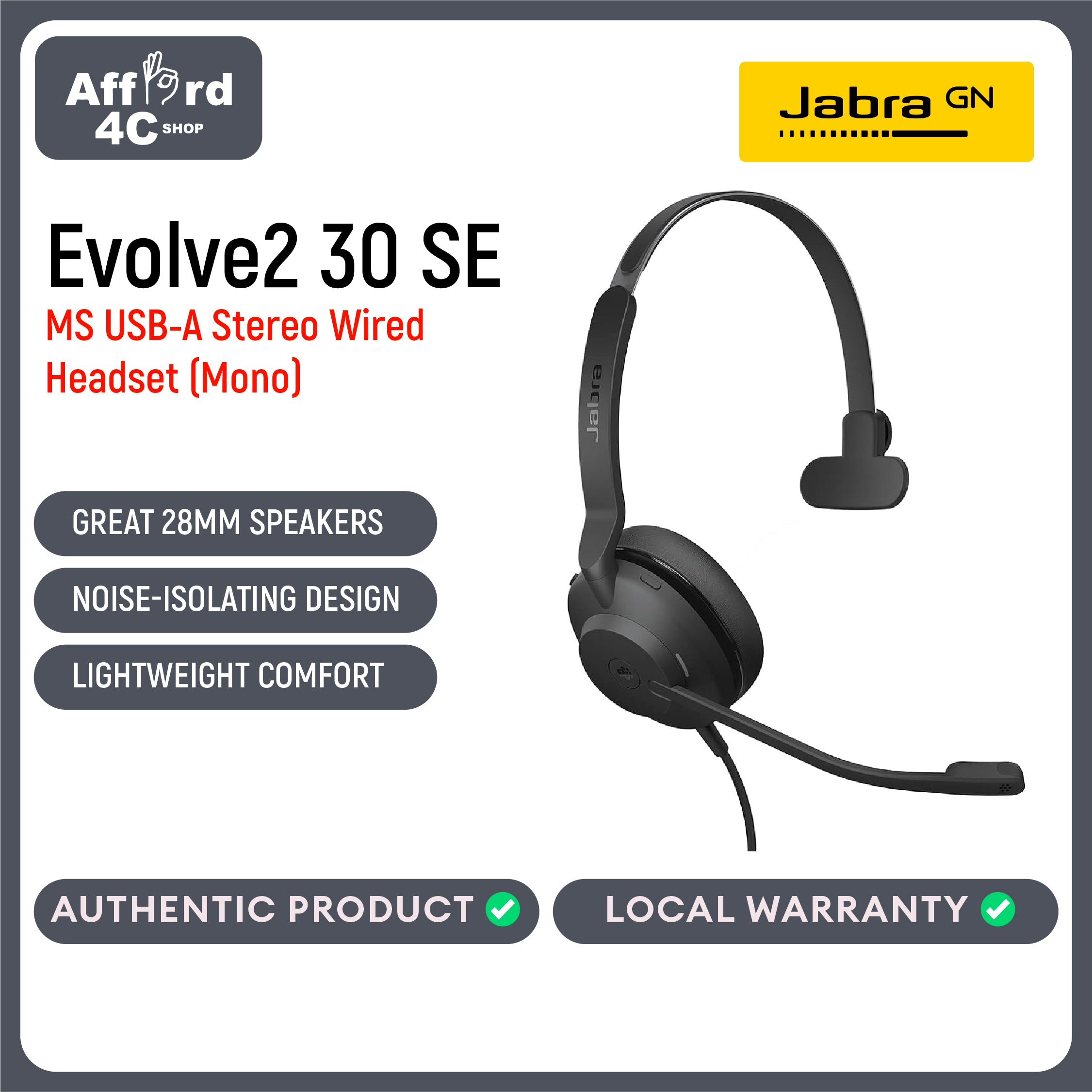 Jabra Evolve2 30 MS SE Mono USB-A or USB-C/A Passive Noise Cancelling Wired Headsets