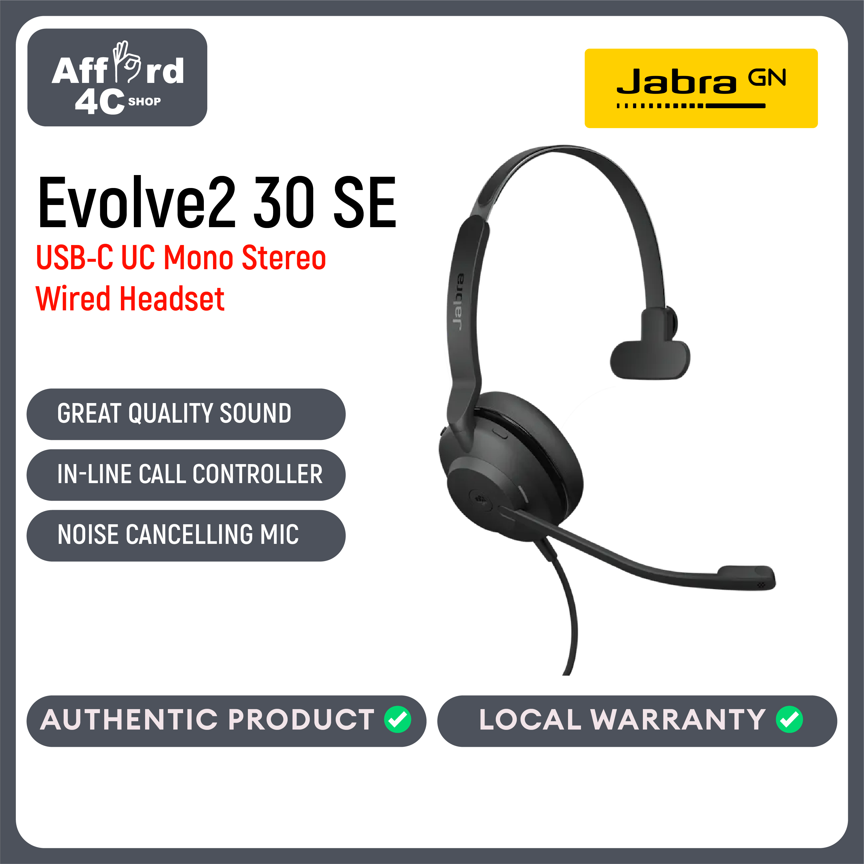 Jabra Evolve2 30 UC SE Mono Wired Headsets USB-C or USB-C/A Passive Noise Cancelling Headphones