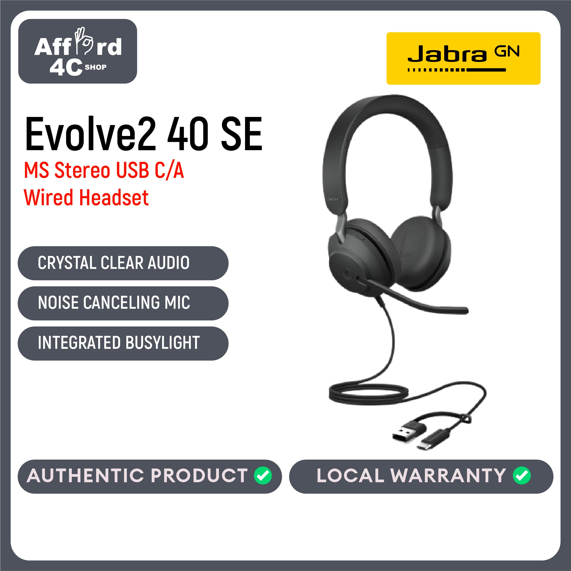 Jabra Evolve2 40 SE MS Stereo Wired Headsets USB-C/A Passive Noise Cancelling Headphones