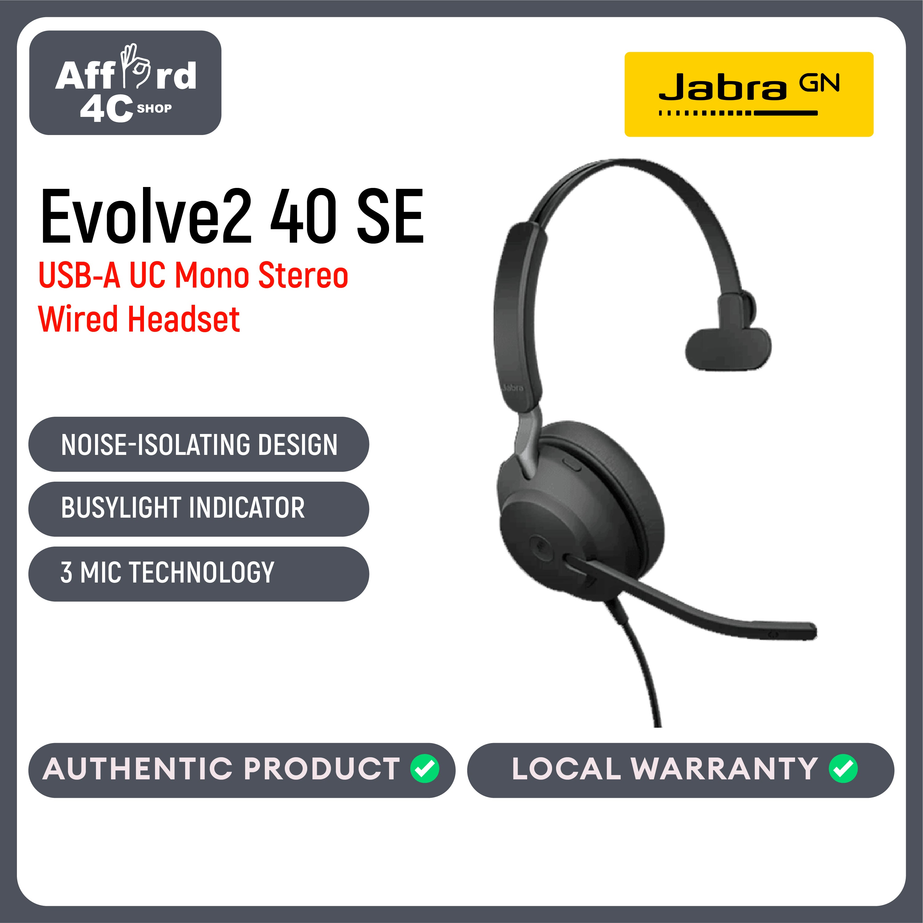 Jabra Evolve2 40 SE UC USB-A or USB-C/A Wired Mono Noise-Cancelling Headset - Features 3-Mic Call Technology