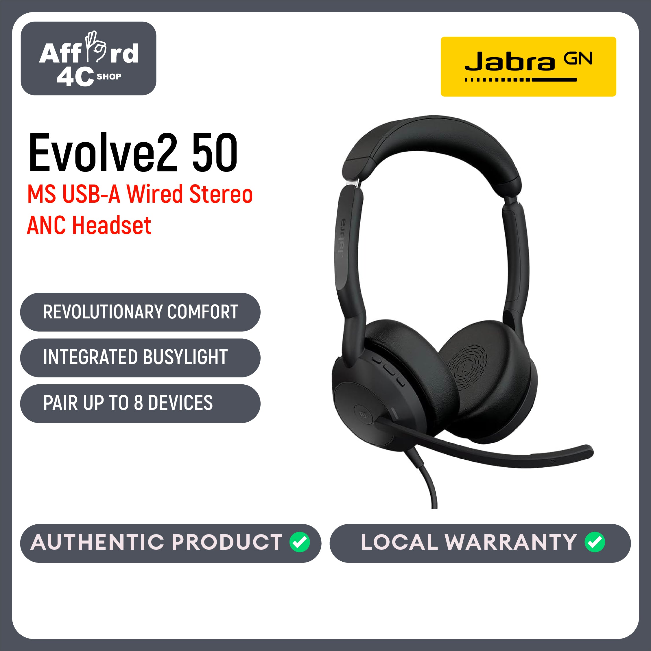 Jabra Evolve2 50 MS USB-A or USB-C/A Wired/Bluetooth Stereo Headset - with AirComfort Technology