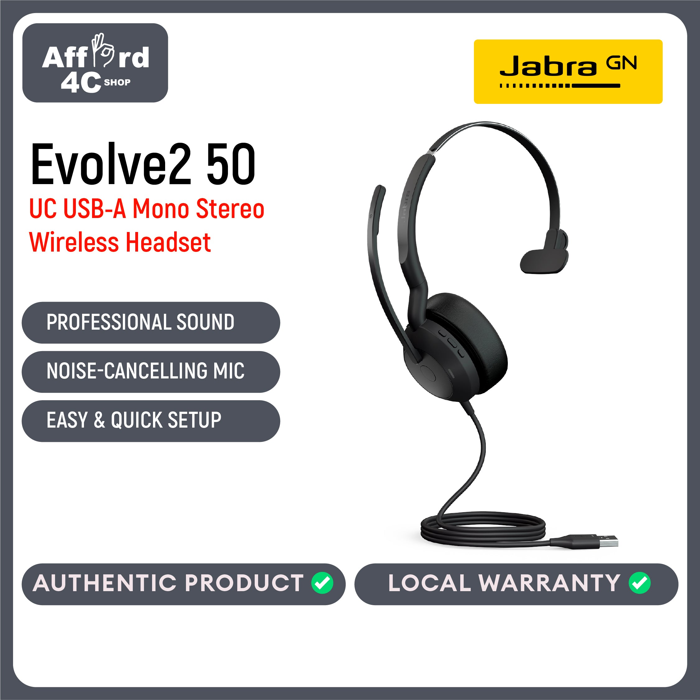 Jabra Evolve2 50 UC USB-A Wired/Bluetooth Mono Headset - with AirComfort Technology