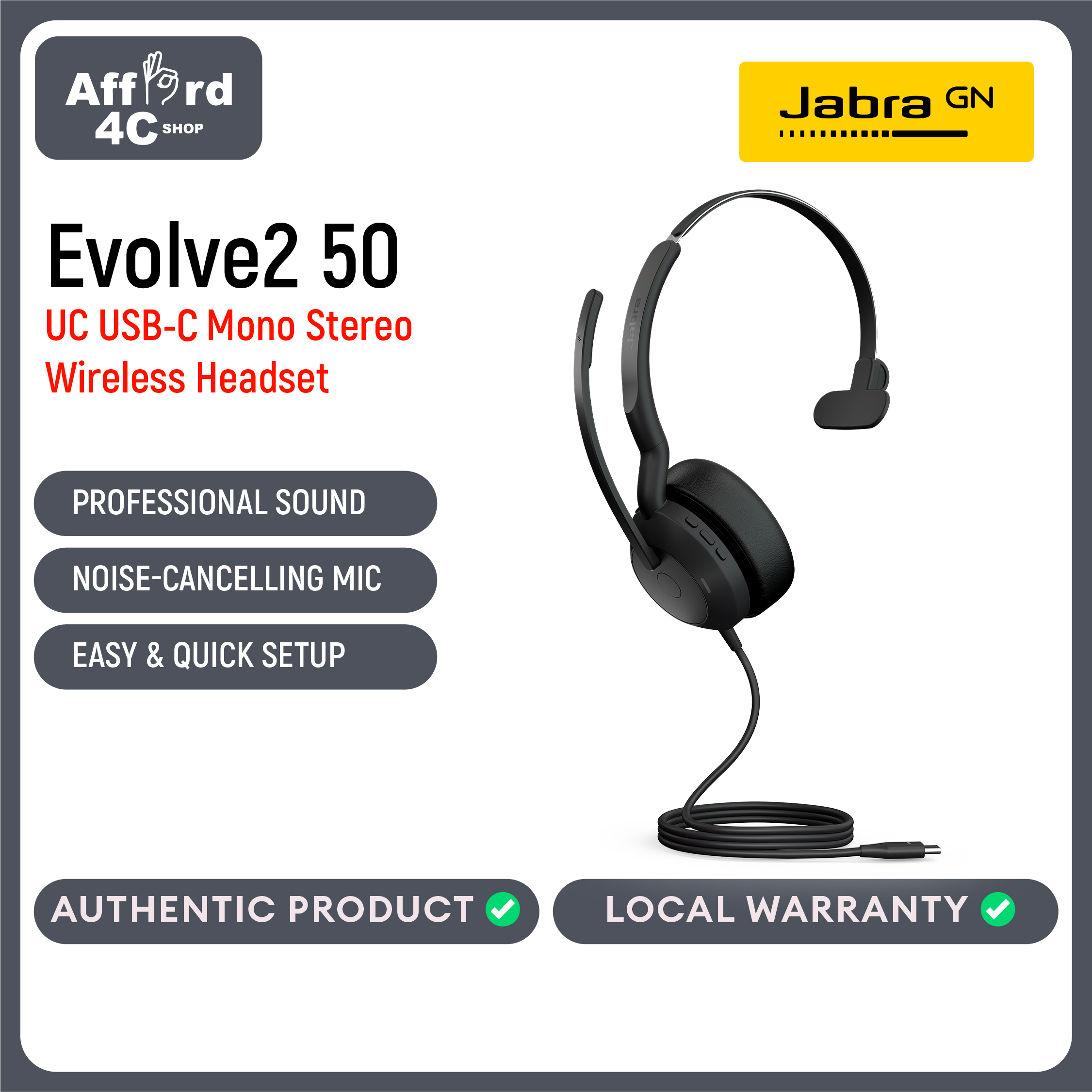 Jabra Evolve2 50 UC Wired/Bluetooth USB-C or USB-C/A Mono Headset - with AirComfort Technology