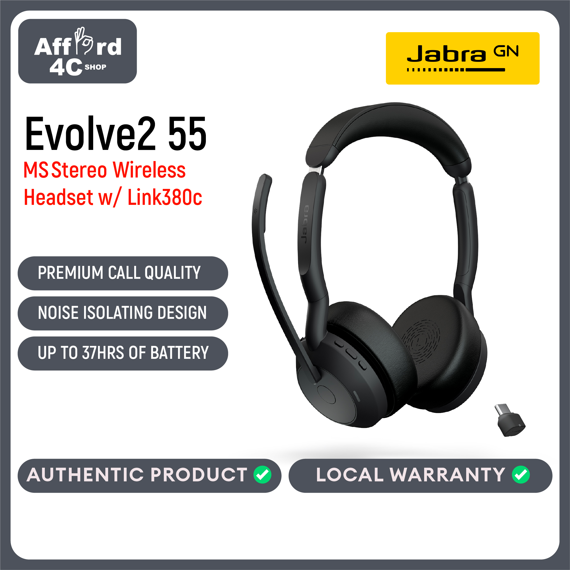 Jabra Evolve2 55 Stereo USB-C Wireless Headset - Features AirComfort Technology, Noise-Cancelling Mics & Active Noise Cancellation