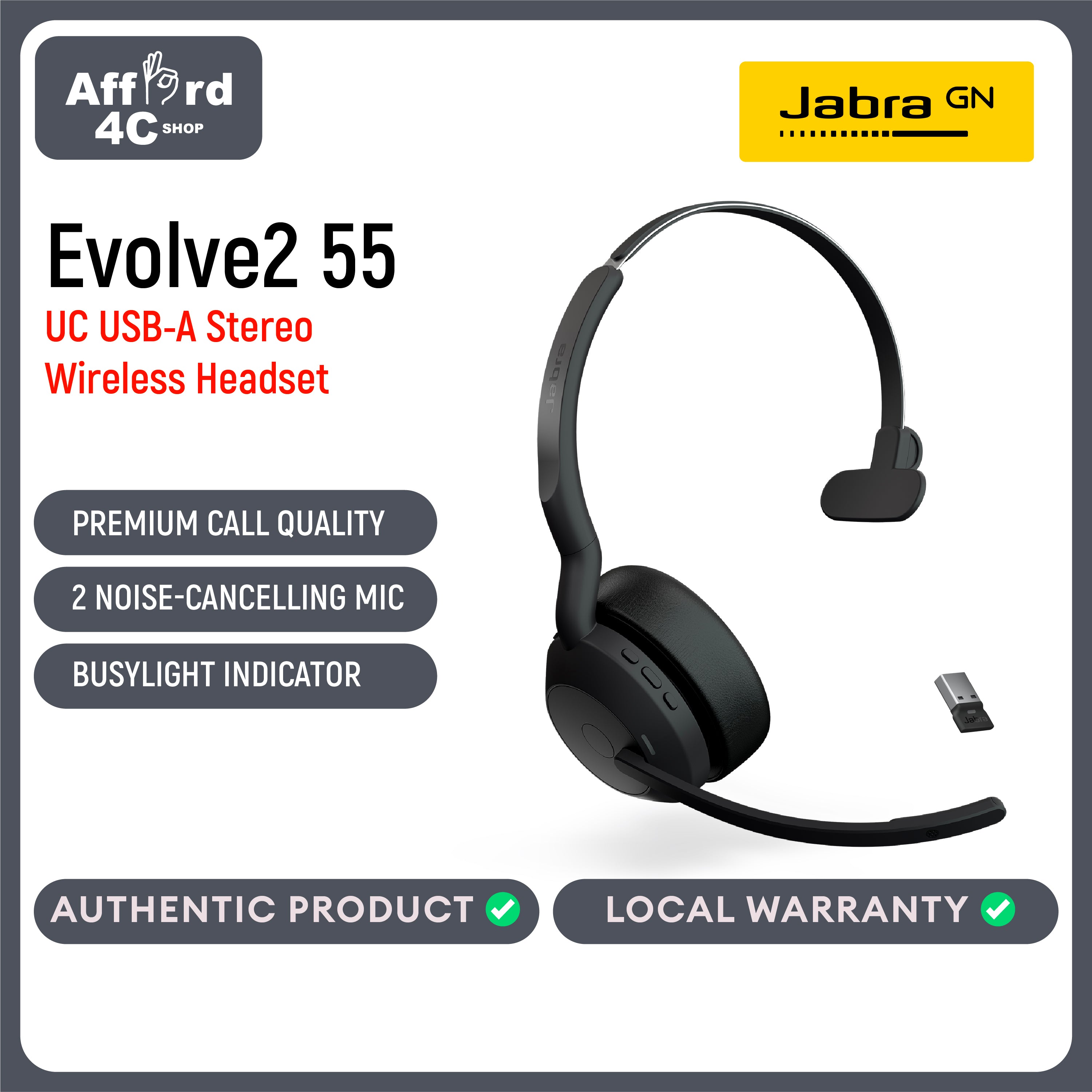 Jabra Evolve2 55 Mono with Link 380 USB-A Wireless Headset - Features AirComfort Technology, Noise-Cancelling Mics & Active Noise Cancellation