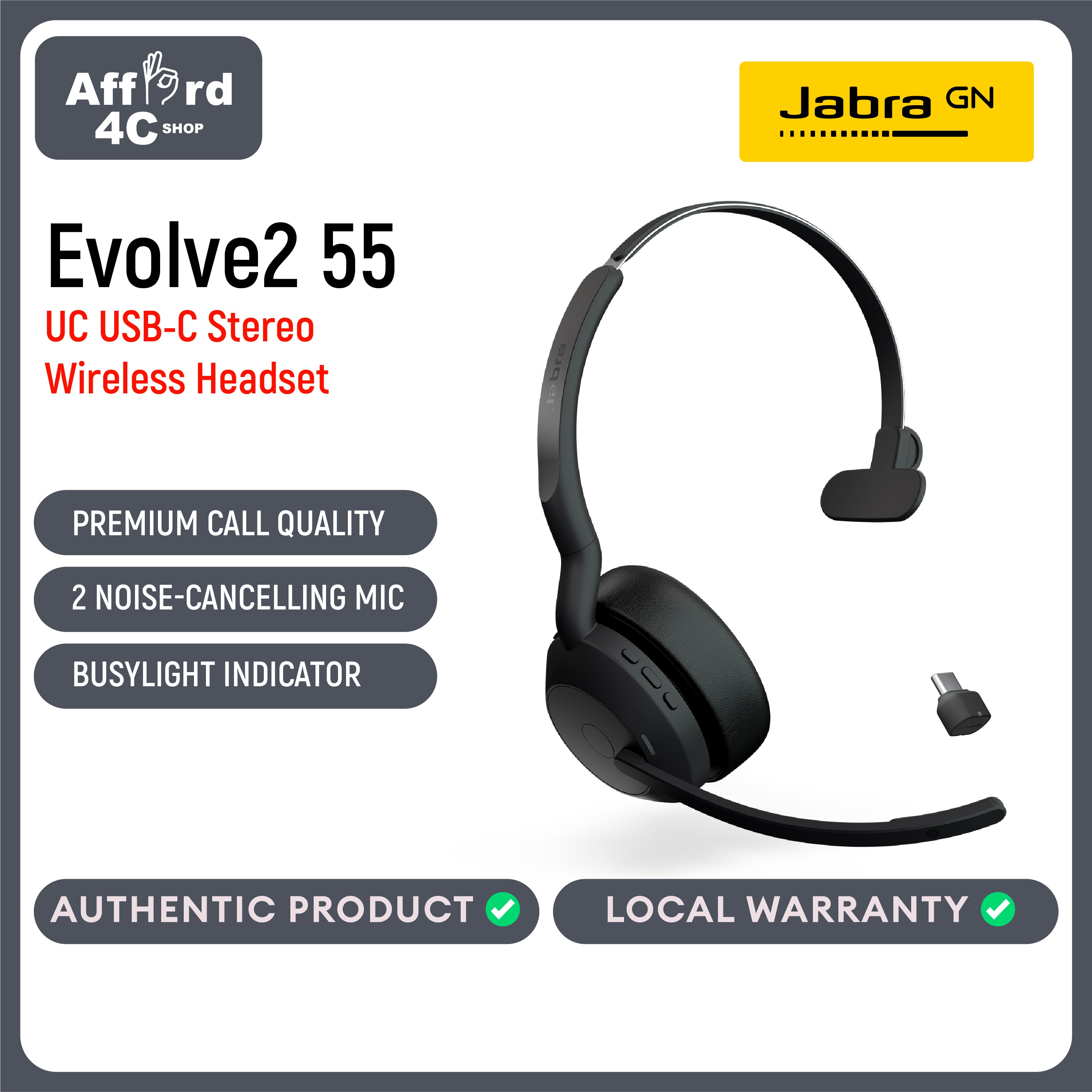 Jabra Evolve2 55 Mono with Link 380 USB-C Wireless Headset - Features AirComfort Technology, Noise-Cancelling Mics & Active Noise Cancellation