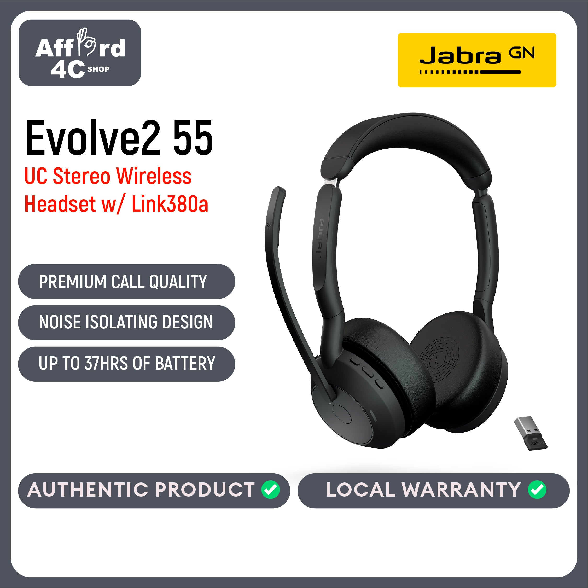 Jabra Evolve2 55 Stereo Wireless Headset with AirComfort Technology, Noise-Cancelling Mics & Active