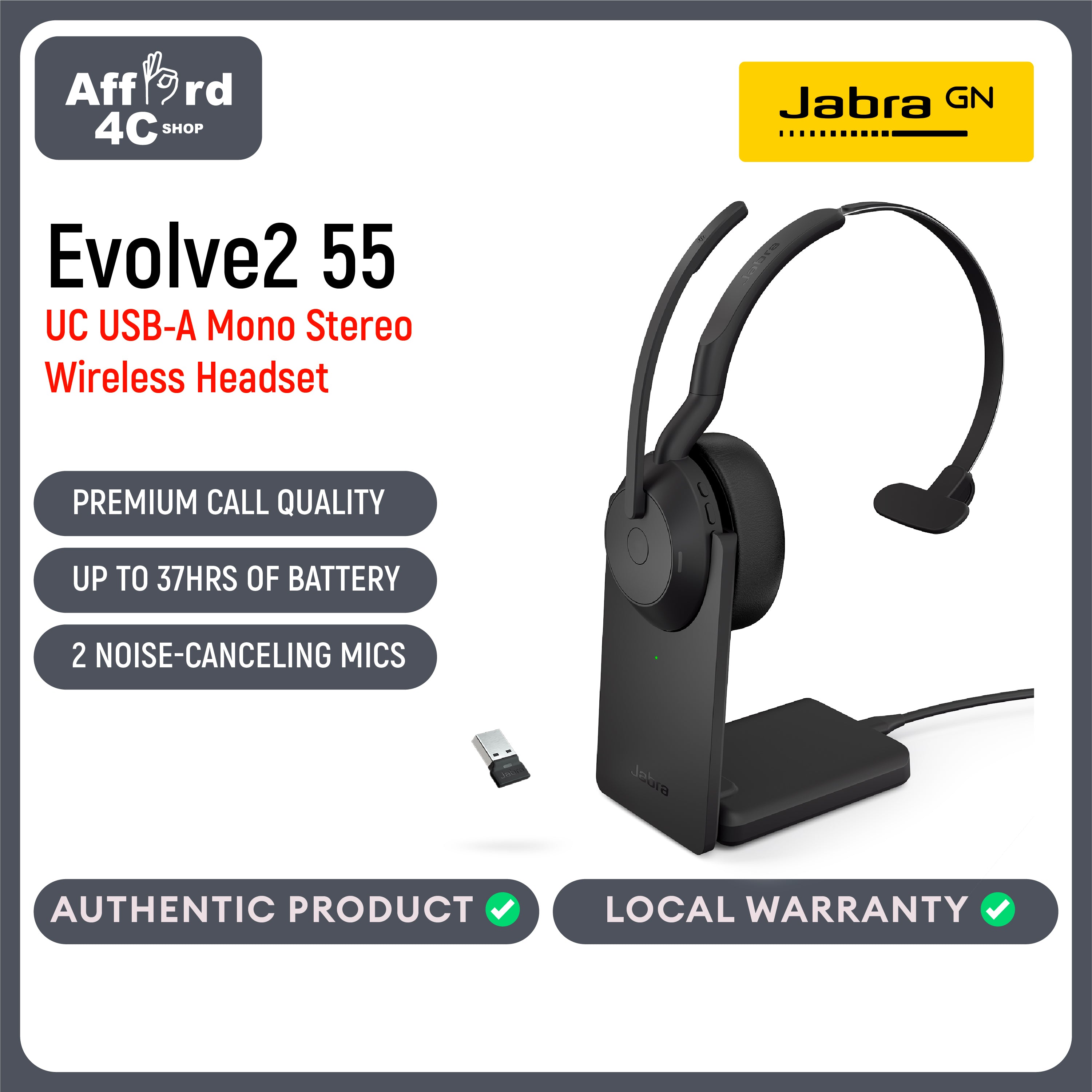 Jabra Evolve2 55 Mono Wireless Headset Link 380 USB-A with Charging Stand AirComfort Technology, Noise-Cancelling Mics & Active Noise Cancellation
