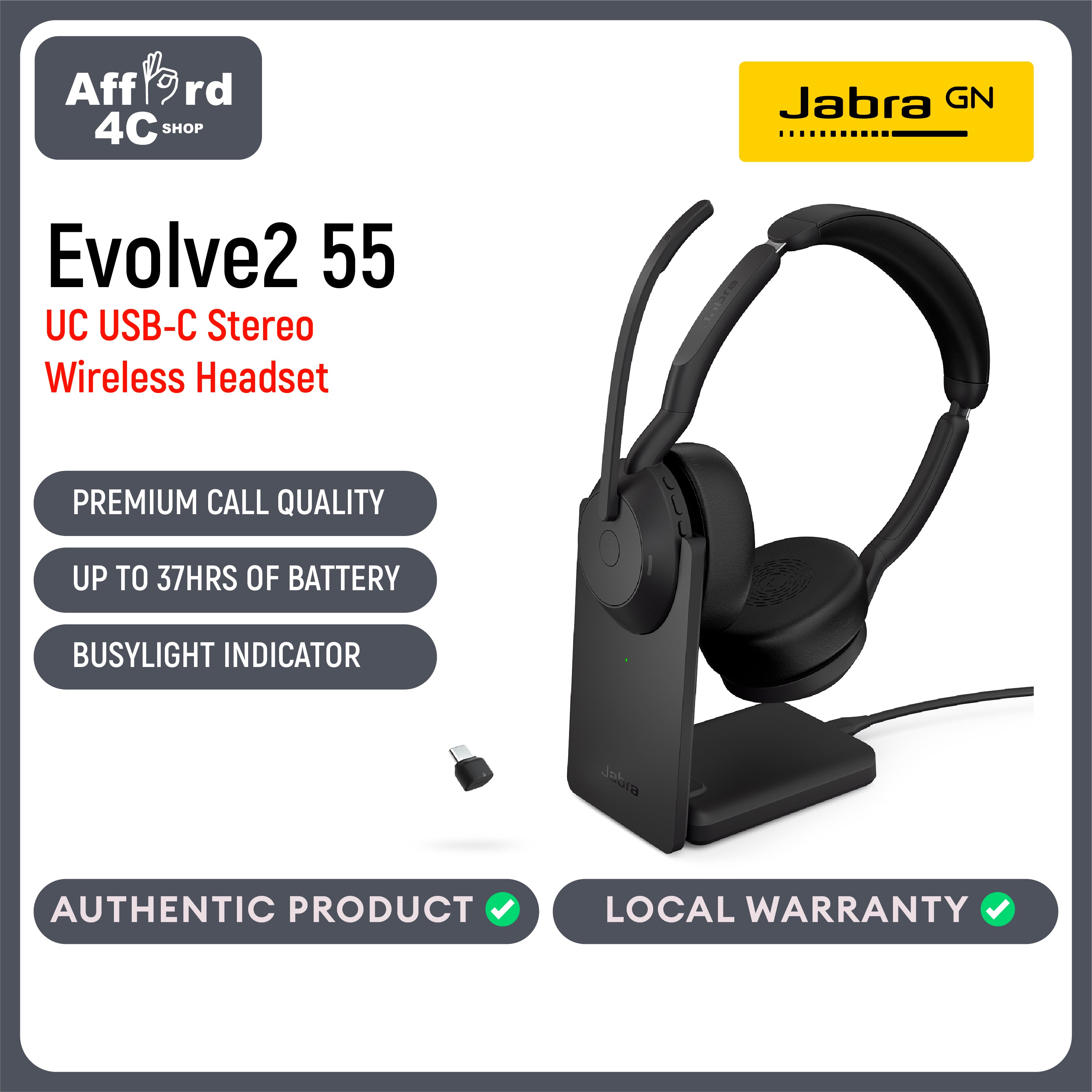 Jabra Evolve2 55 Stereo Wireless Headset Link 380 USB-C with Charging Stand AirComfort Technology, Noise-Cancelling Mics & Active Noise Cancellation