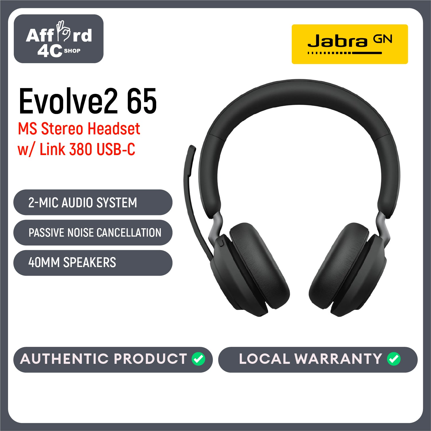Jabra Evolve2 65 MS Stereo Headset With Link 380 USB-C Wireless Adapter (Black)