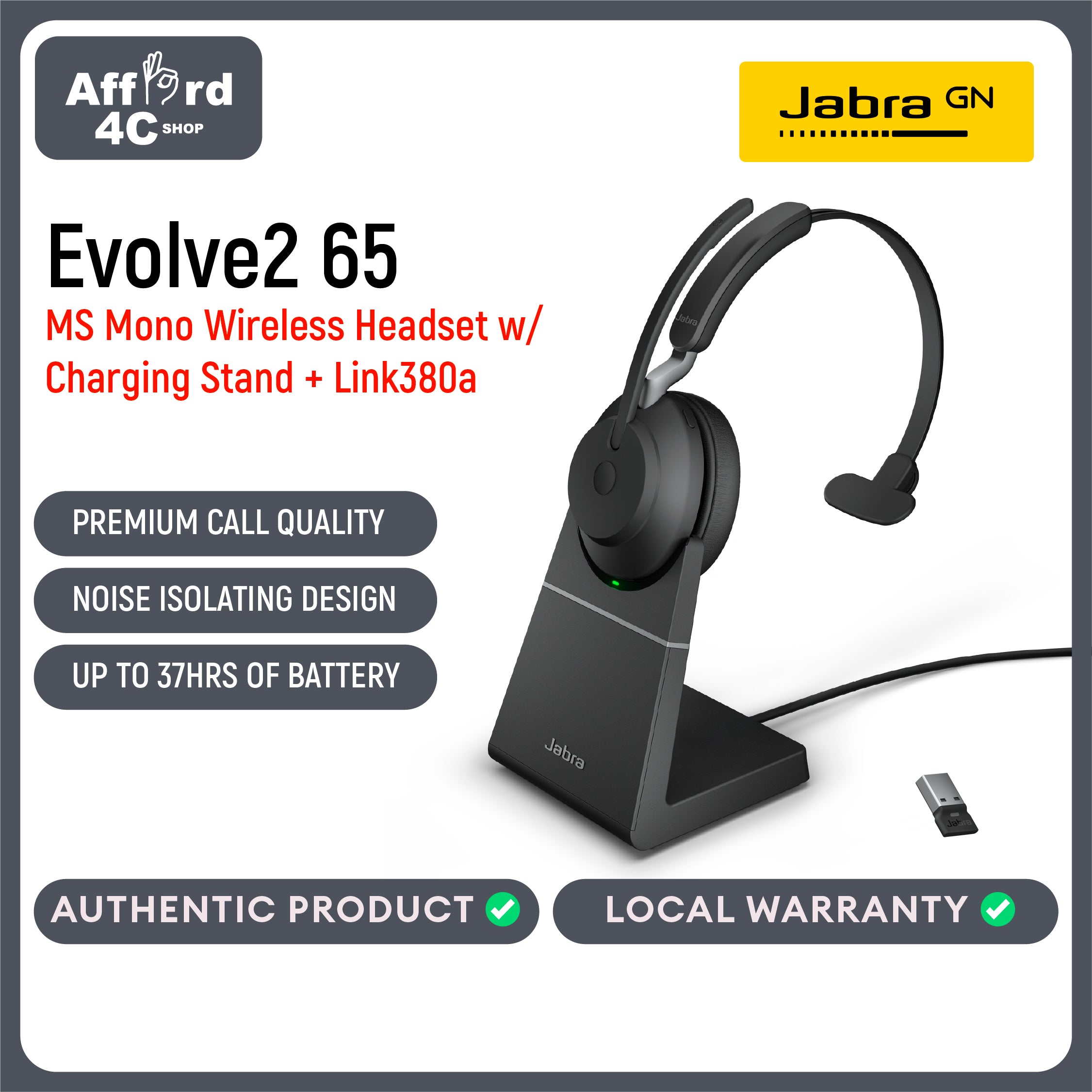 Jabra Evolve2 65 Mono with Charging Stand Link 380 USB-A Wireless Headset