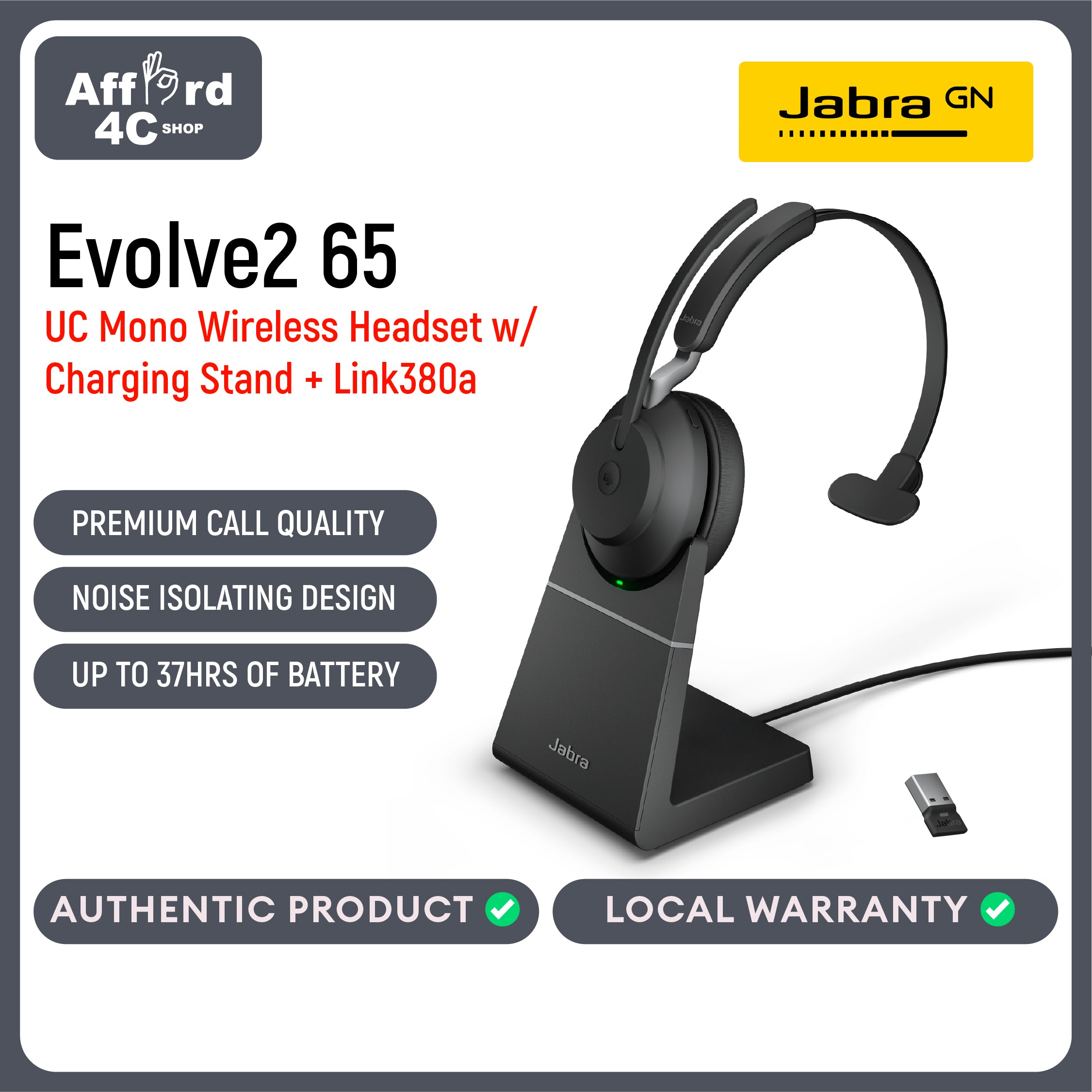 Jabra Evolve2 65 Mono with Charging Stand Link 380 USB-A Wireless Headset