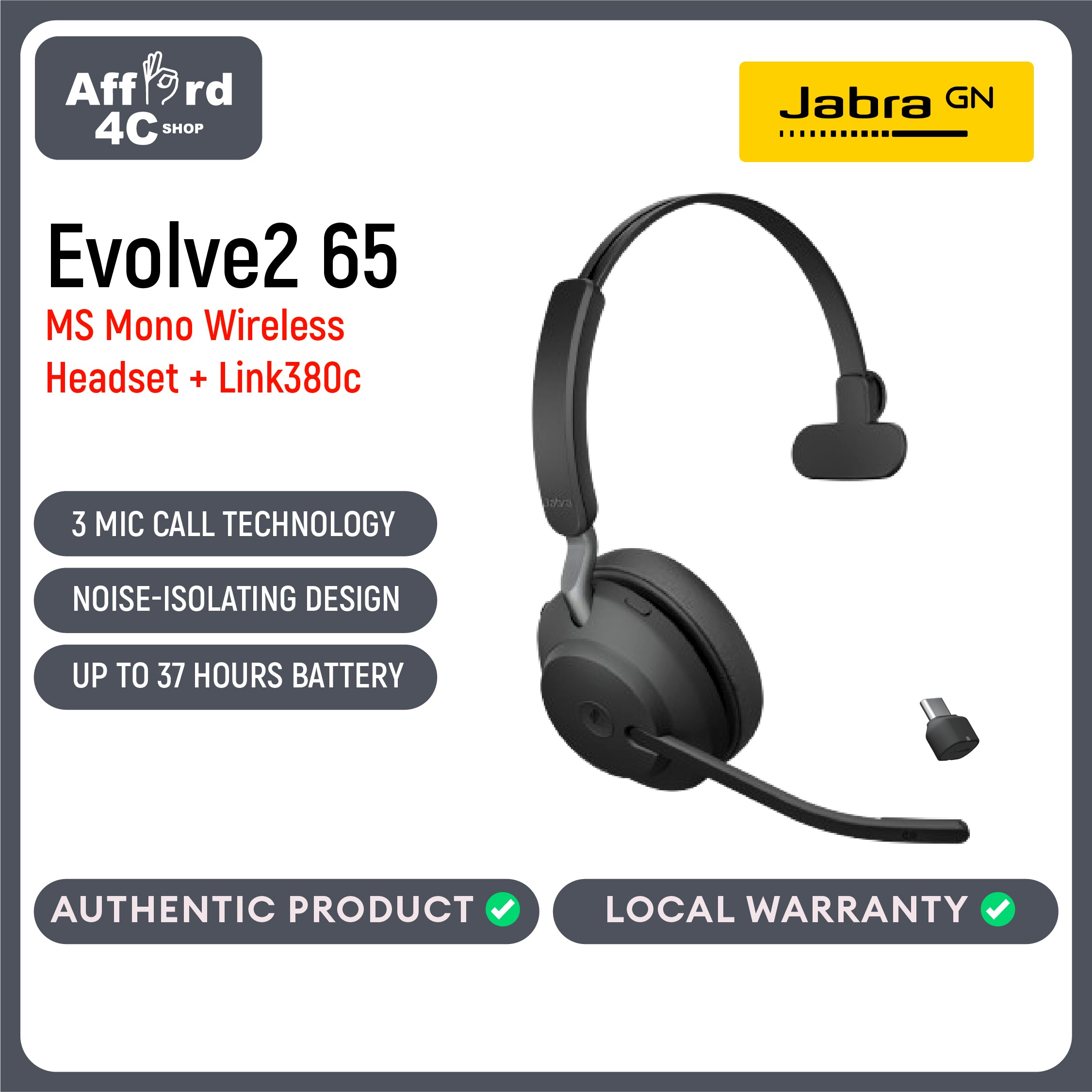 Jabra Evolve2 65 Mono Wireless Headset with Link380 USB-C Bluetooth Headset for Calls and Music, 37 Hours of Battery Life, Passive Noise Cancelling Headphones