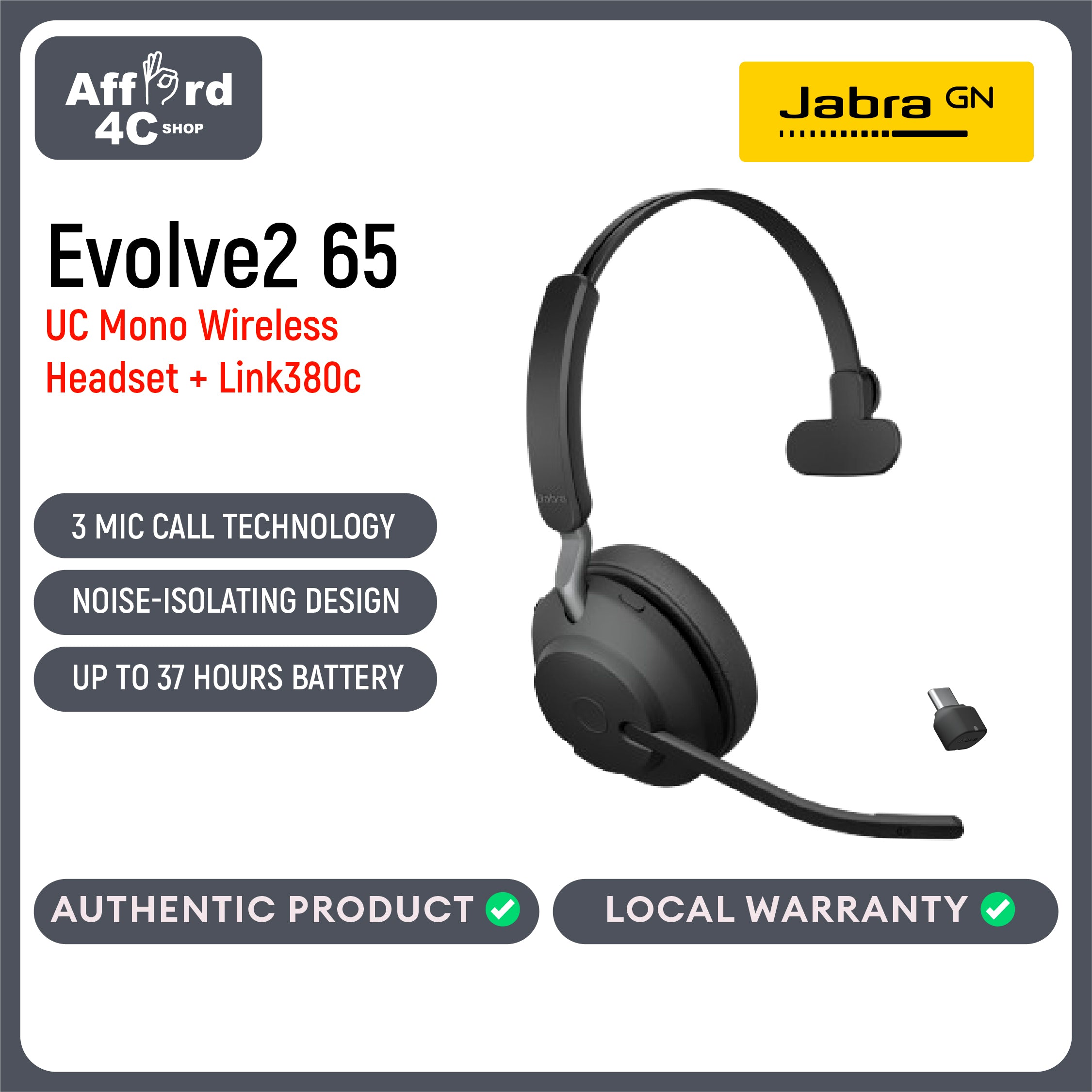 Jabra Evolve2 65 Mono Wireless Headset with Link380 USB-C Bluetooth Headset for Calls and Music, 37 Hours of Battery Life, Passive Noise Cancelling Headphones