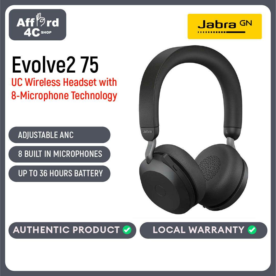 Jabra Evolve2 75 Wireless Headset with 8-Microphone Technology - Bluetooth Headphones Active Noise Cancellation, USB-A Bluetooth Adapter
