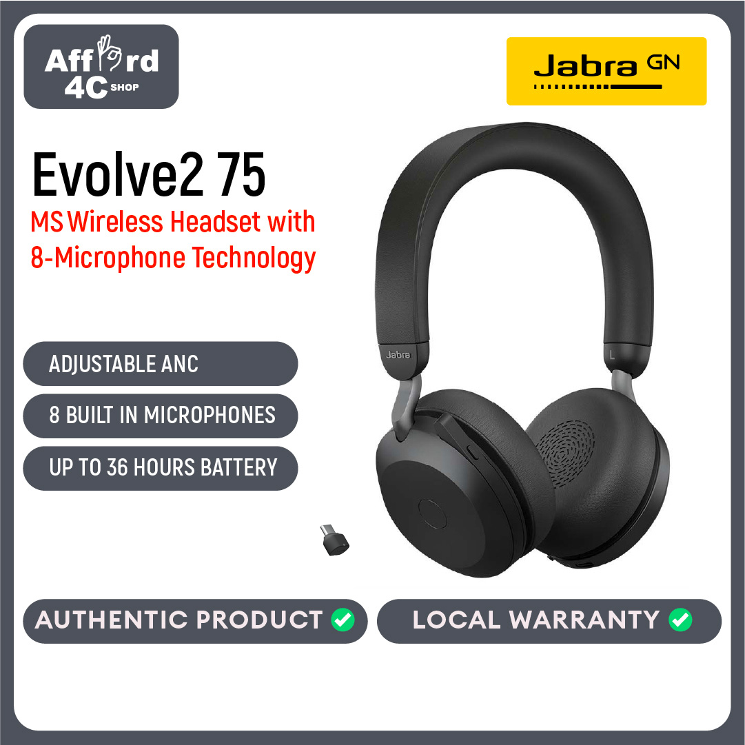 Jabra Evolve2 75  Wireless Headset with 8-Microphone Technology - Dual Foam Stereo Headphones with Advanced Active Noise Cancelling, USB-C Bluetooth Adapter and MS Teams-Compatibility