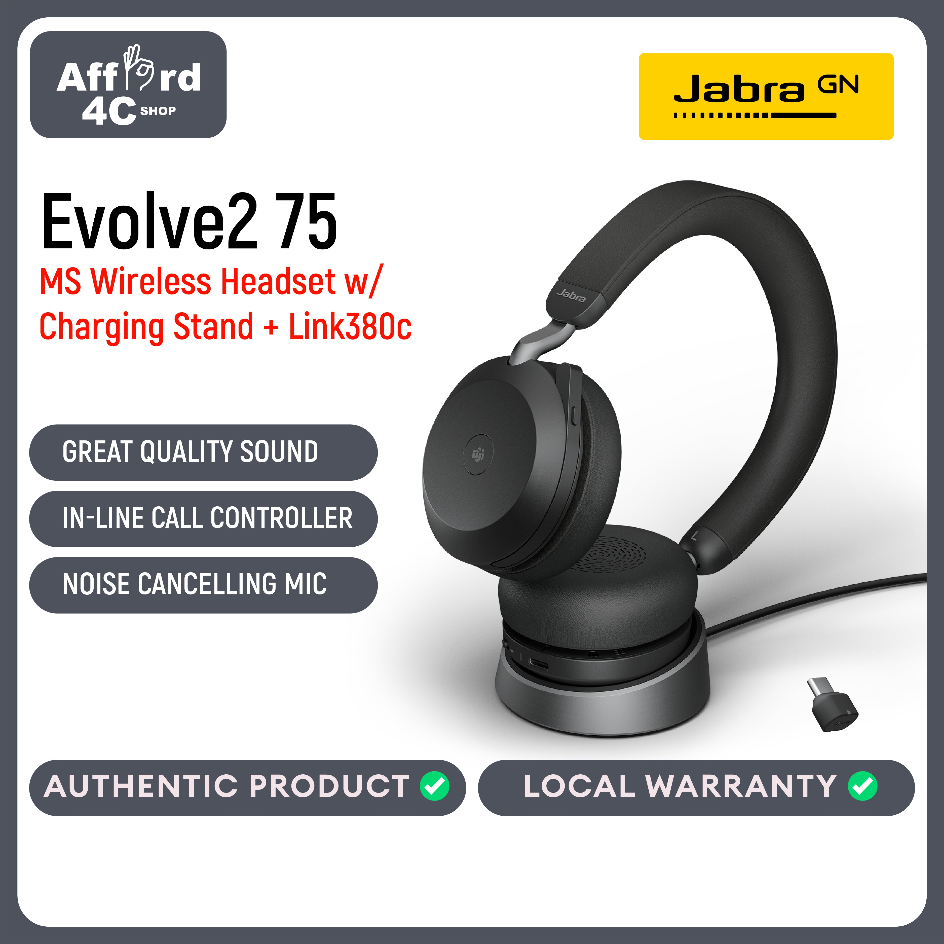 Jabra Evolve2 75 USB-C Bluetooth Adapter Wireless Headset with Charging Stand and 8-Mic Technology - Dual Foam Stereo Headphones with Advanced Active Noise Cancelling
