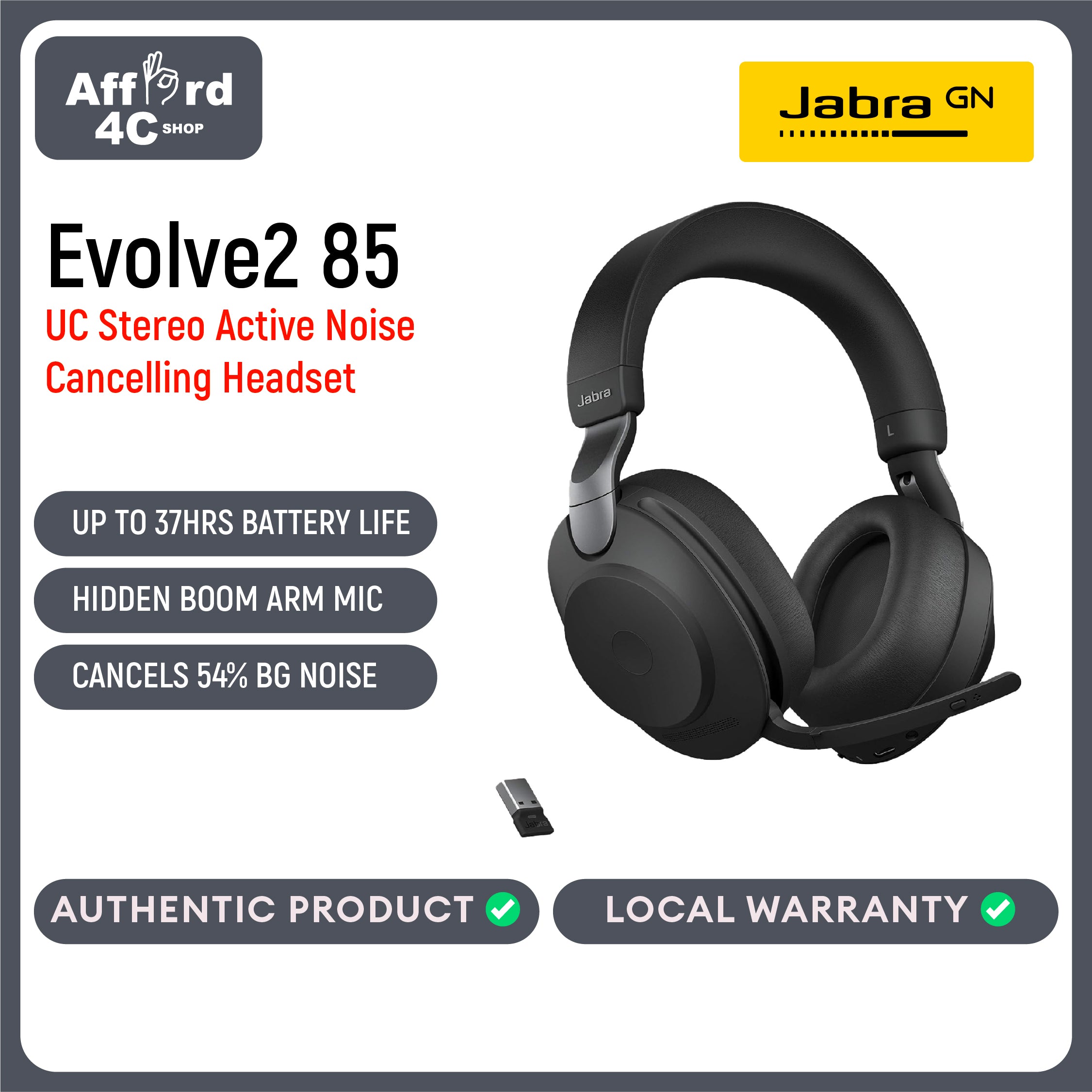 Jabra Evolve2 85 UC Stereo Active Noise Cancelling Headset With Link 380 USB-A Wireless Adapter