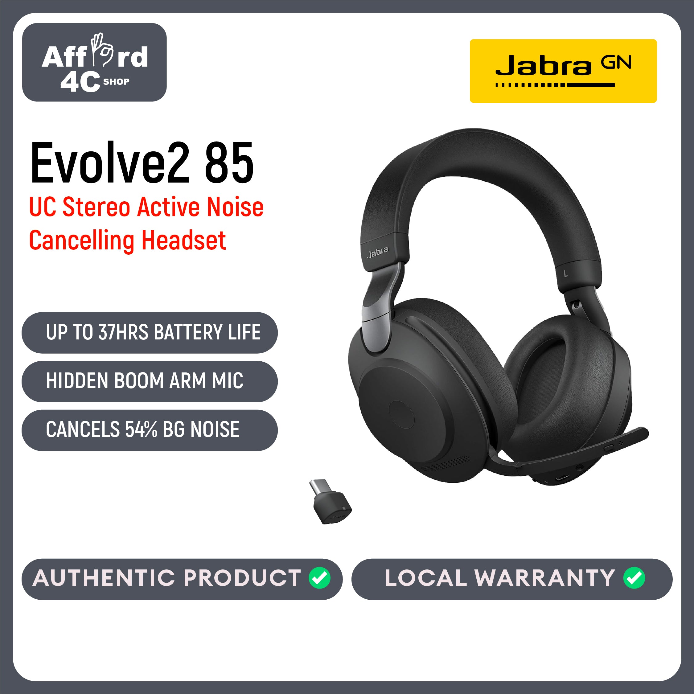 Jabra Evolve2 85 Stereo Active Noise Cancelling Headset With Link 380 USB-C Wireless Adapter