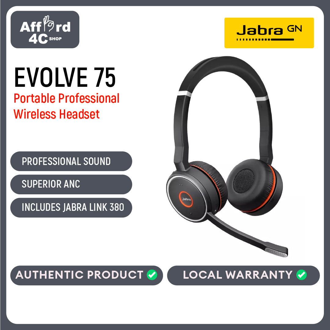 Jabra Evolve 75 - Professional Wireless Headset With Active Noise Cancellation + Link 370 USB Dongle