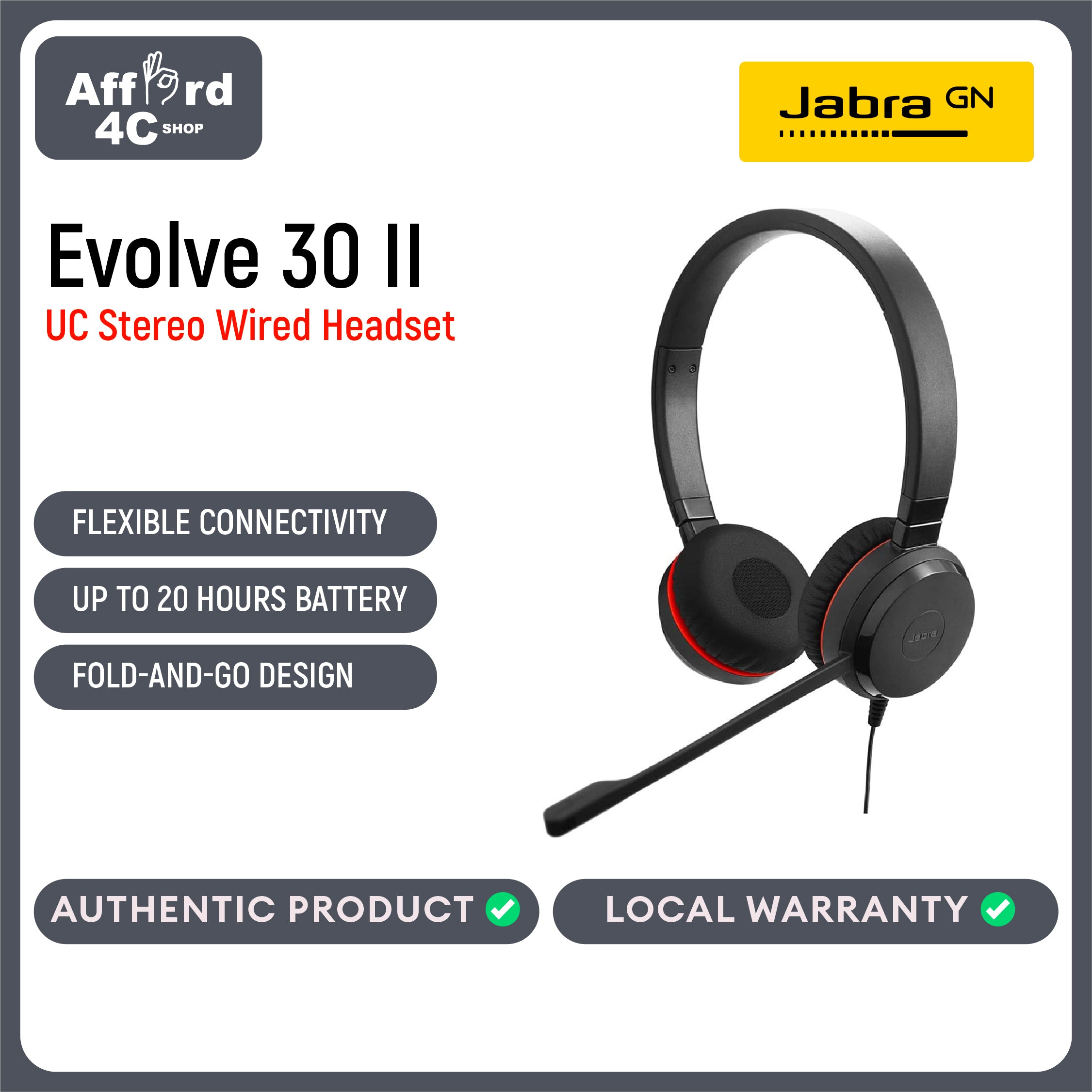 Jabra Evolve 30 II UC USB-C/A or USB-A Stereo Wired Headset/Music Headphones