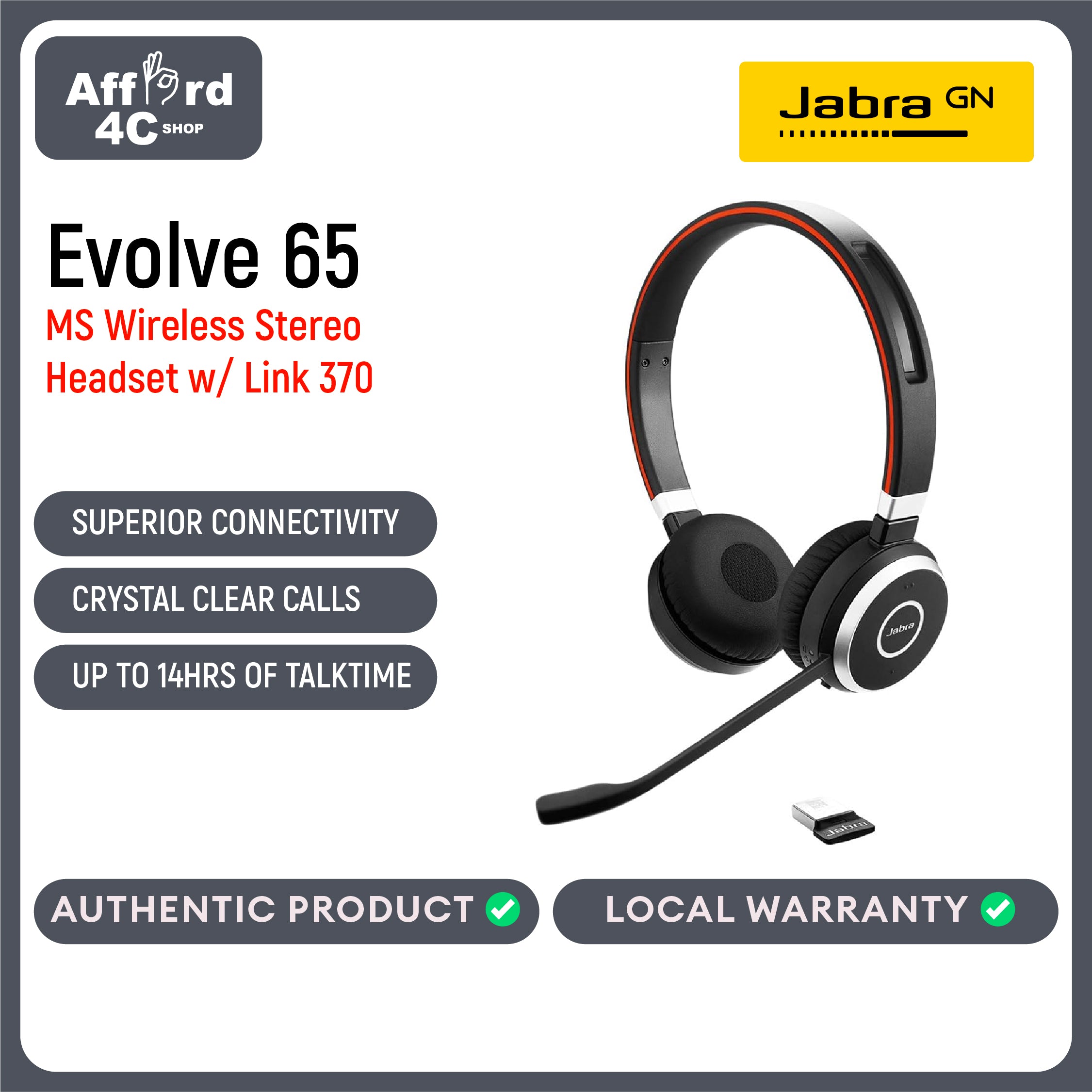 Jabra Evolve 65 MS Stereo Professional Wireless Headset With USB Adaptor