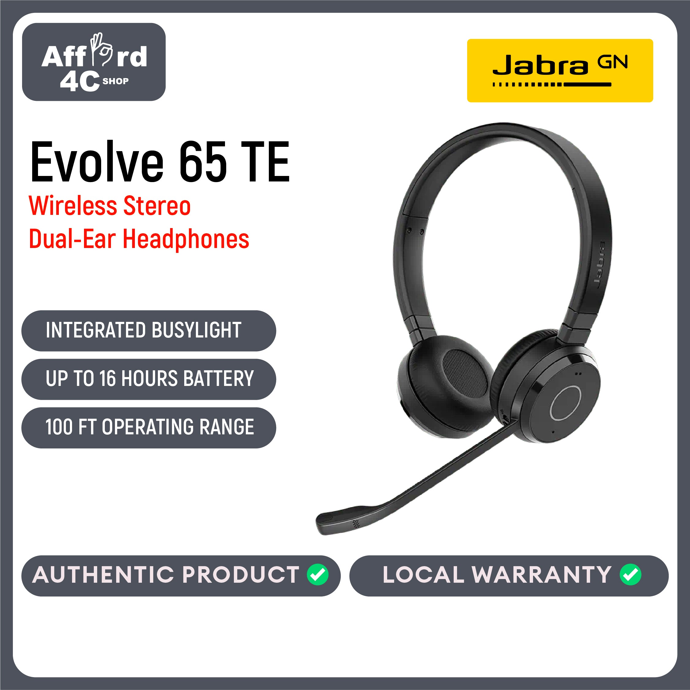 Jabra Evolve 65 TE Wireless Dual-Ear Headphones - Noise-Canceling Mic, 16 hrs Battery Life, Dual Connectivity, Black
