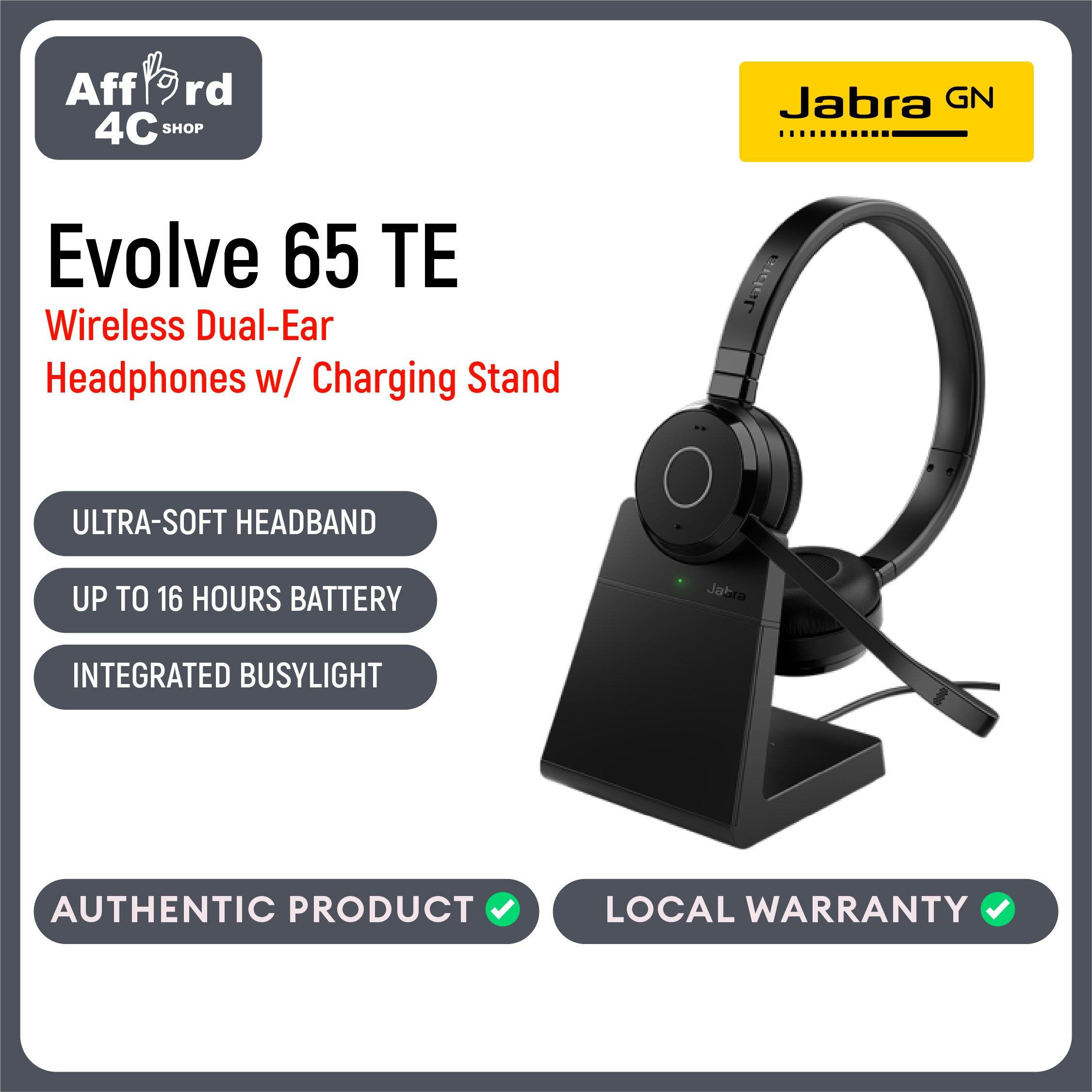 Jabra Evolve 65 TE Wireless Dual-Ear Headphones w/Charging Stand - Noise-Canceling Mic, 16 hr Battery Life, Dual Connectivity, MS Teams Certified, Supports Other Platforms, Black