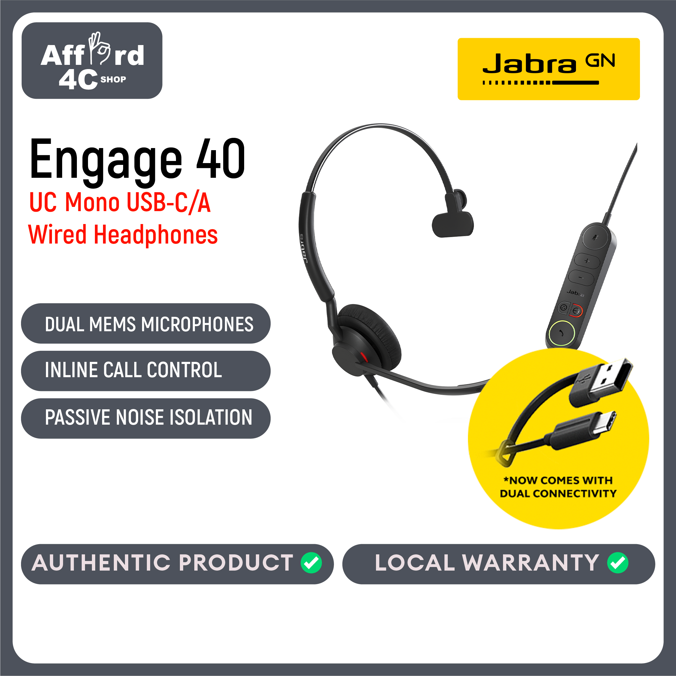 Jabra Engage 40 UC Mono Wired Headset USB-C/A with Inline Call Control - Noise-Cancelling 2-Mic Technology