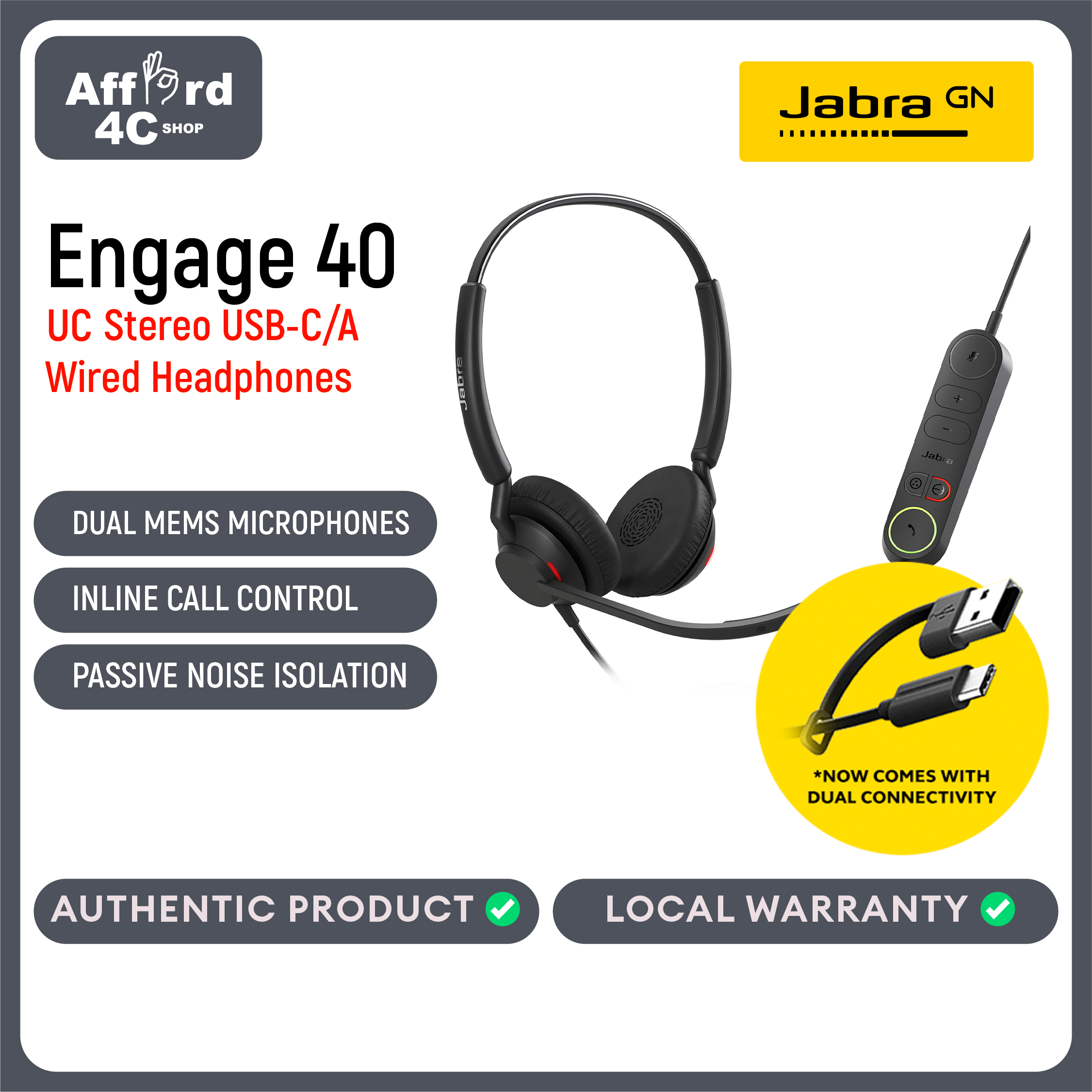 Jabra Engage 40 Stereo UC USB-C/A With Inline Link Wired Headset