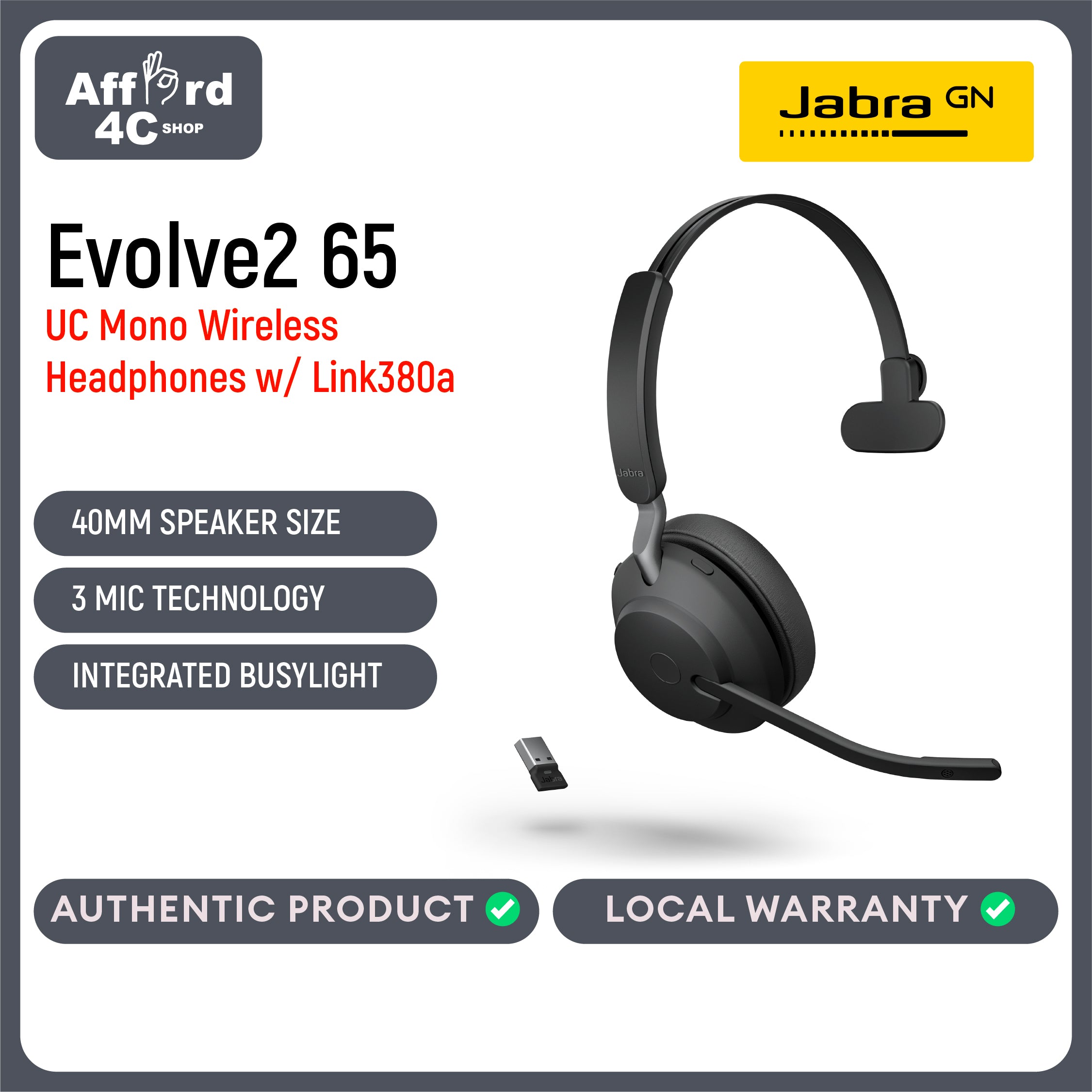 Jabra Evolve2 65 Mono Wireless Headset with Link380 USB-A Bluetooth Headset for Calls and Music, 37 Hours of Battery Life, Passive Noise Cancelling Headphones