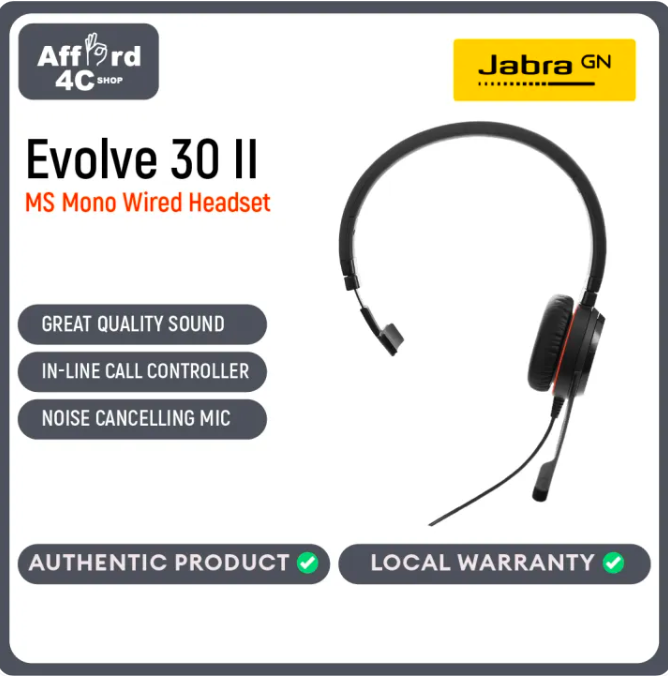 Jabra Evolve 30 II MS Mono USB-C/A or USB-A Wired Headset/Music Headphones